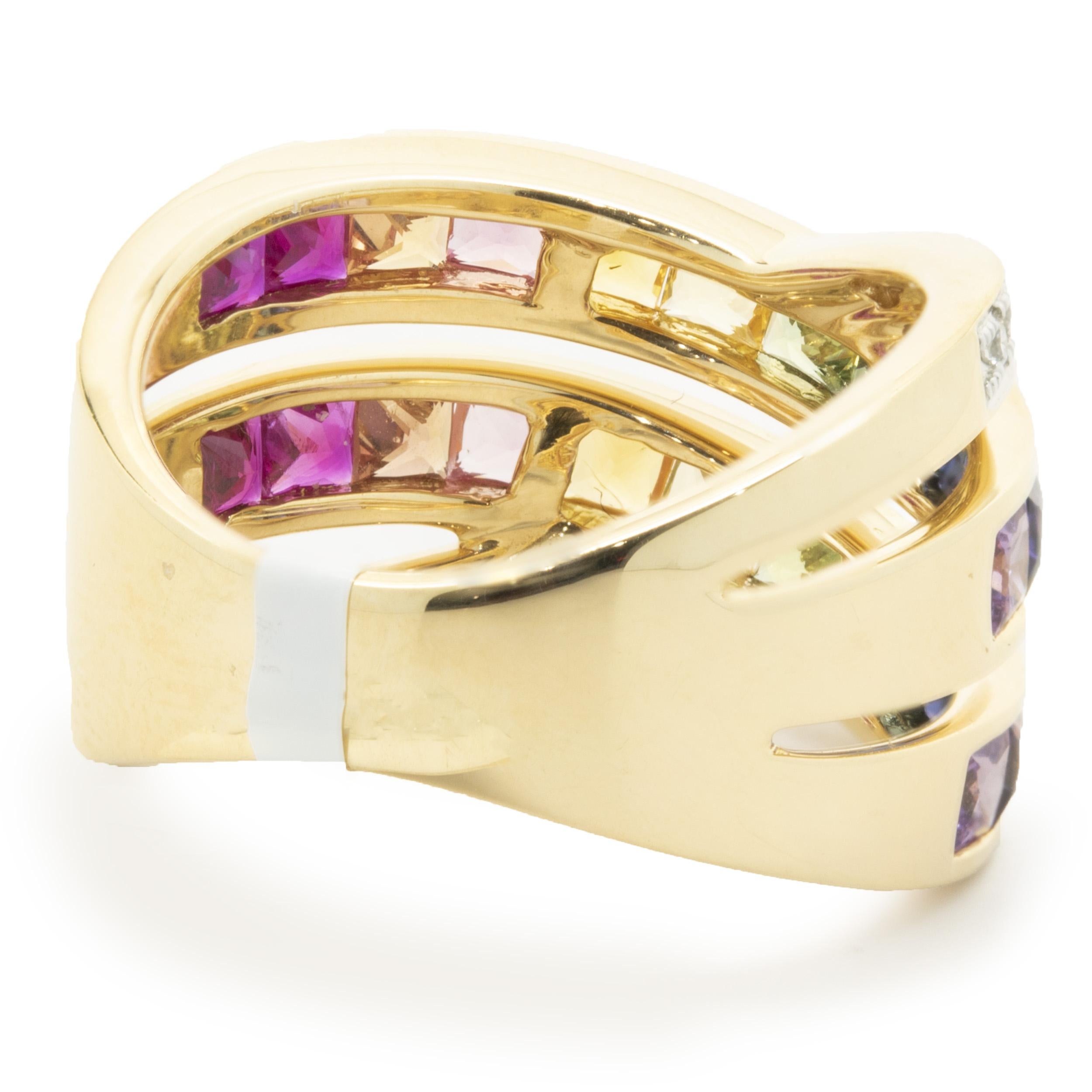 Princess Cut 18 Karat Yellow Gold Rainbow Sapphire and Diamond Bypass Ring For Sale