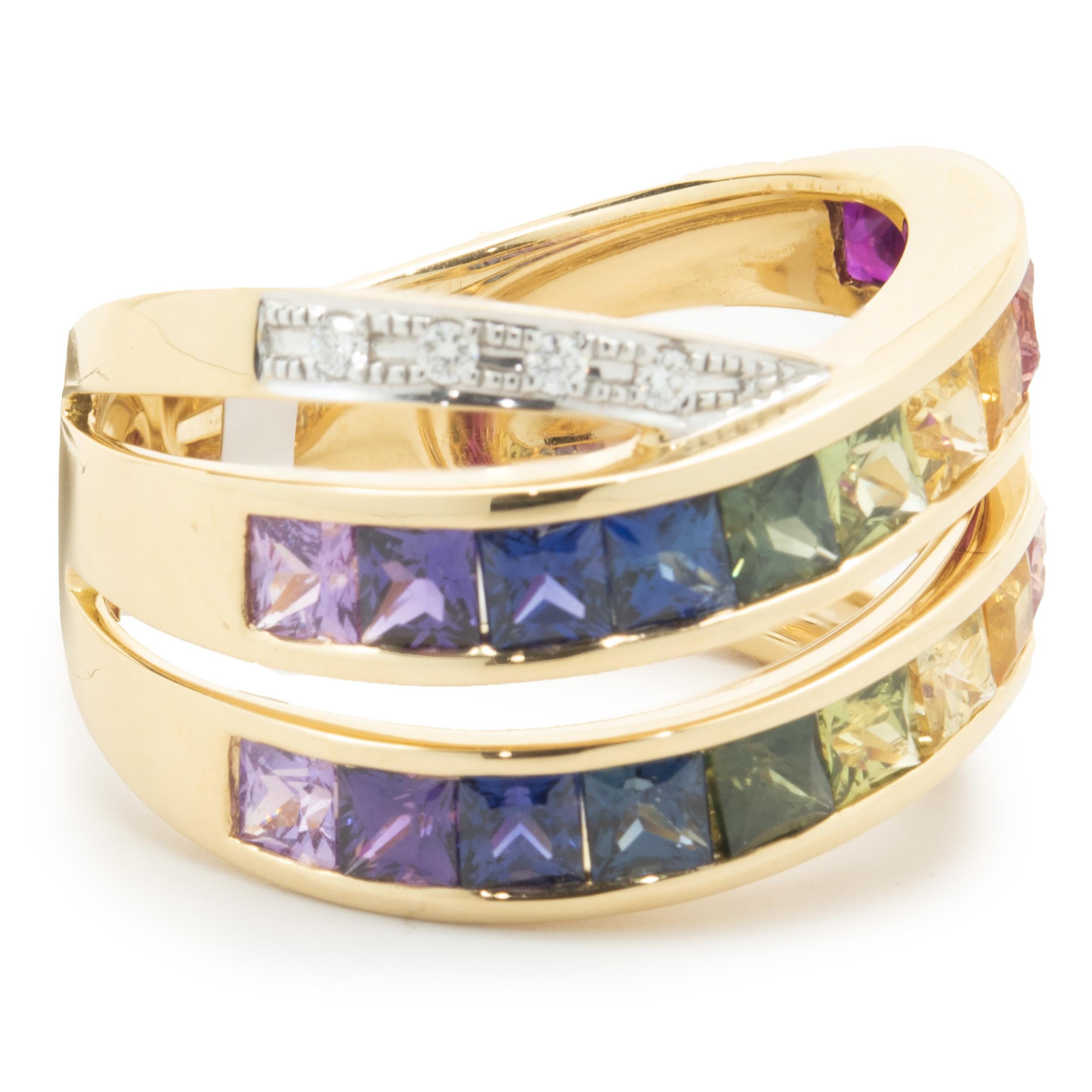 18 Karat Yellow Gold Rainbow Sapphire and Diamond Bypass Ring In Excellent Condition For Sale In Scottsdale, AZ