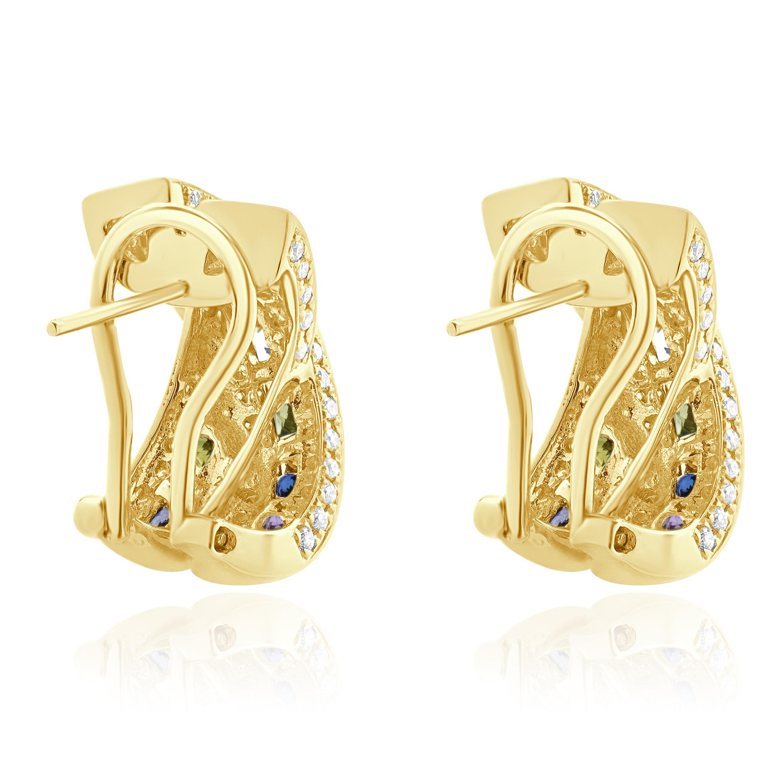 Princess Cut 18 Karat Yellow Gold Rainbow Sapphire and Diamond X Earrings