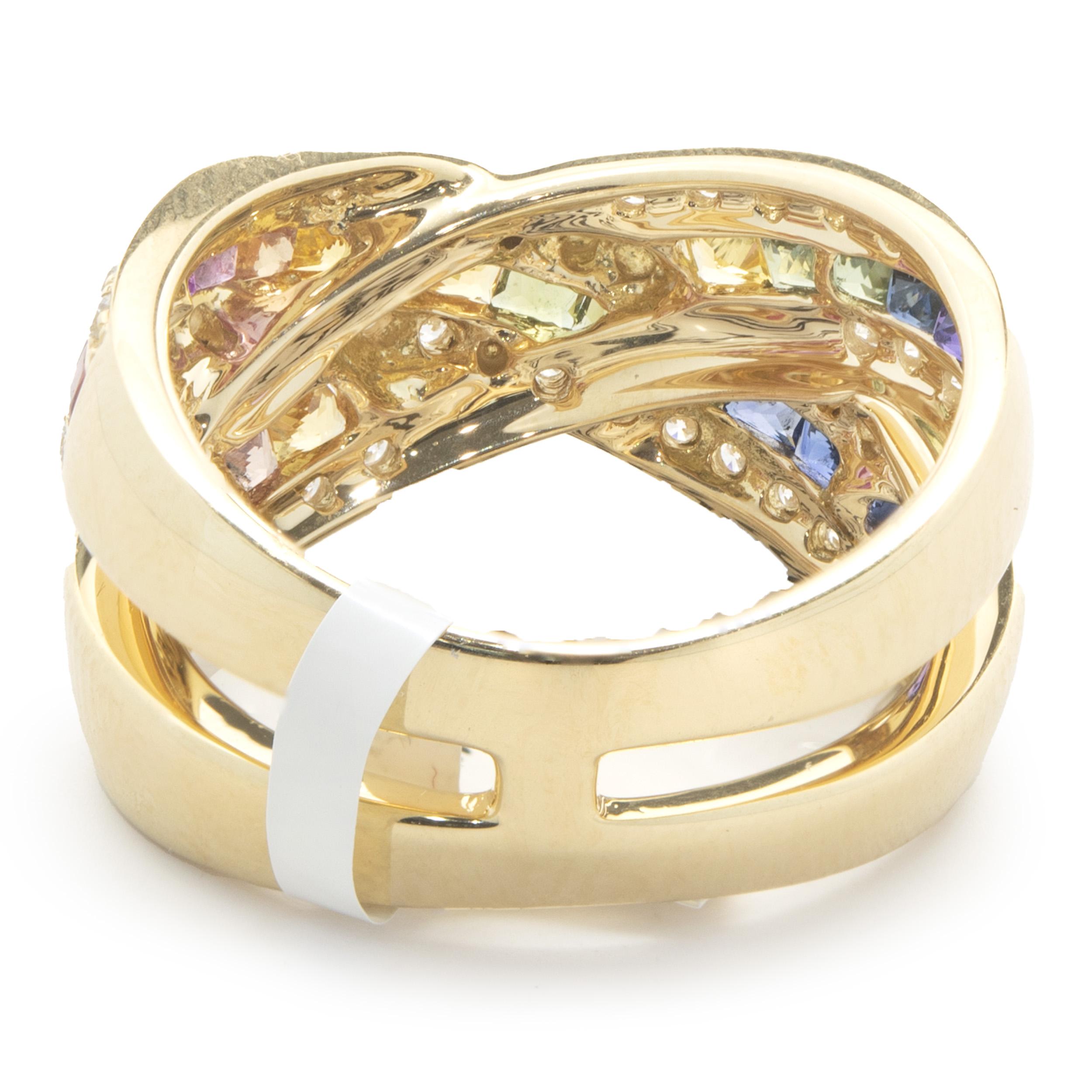 Square Cut 18 Karat Yellow Gold Rainbow Sapphire and Diamond x Ring For Sale