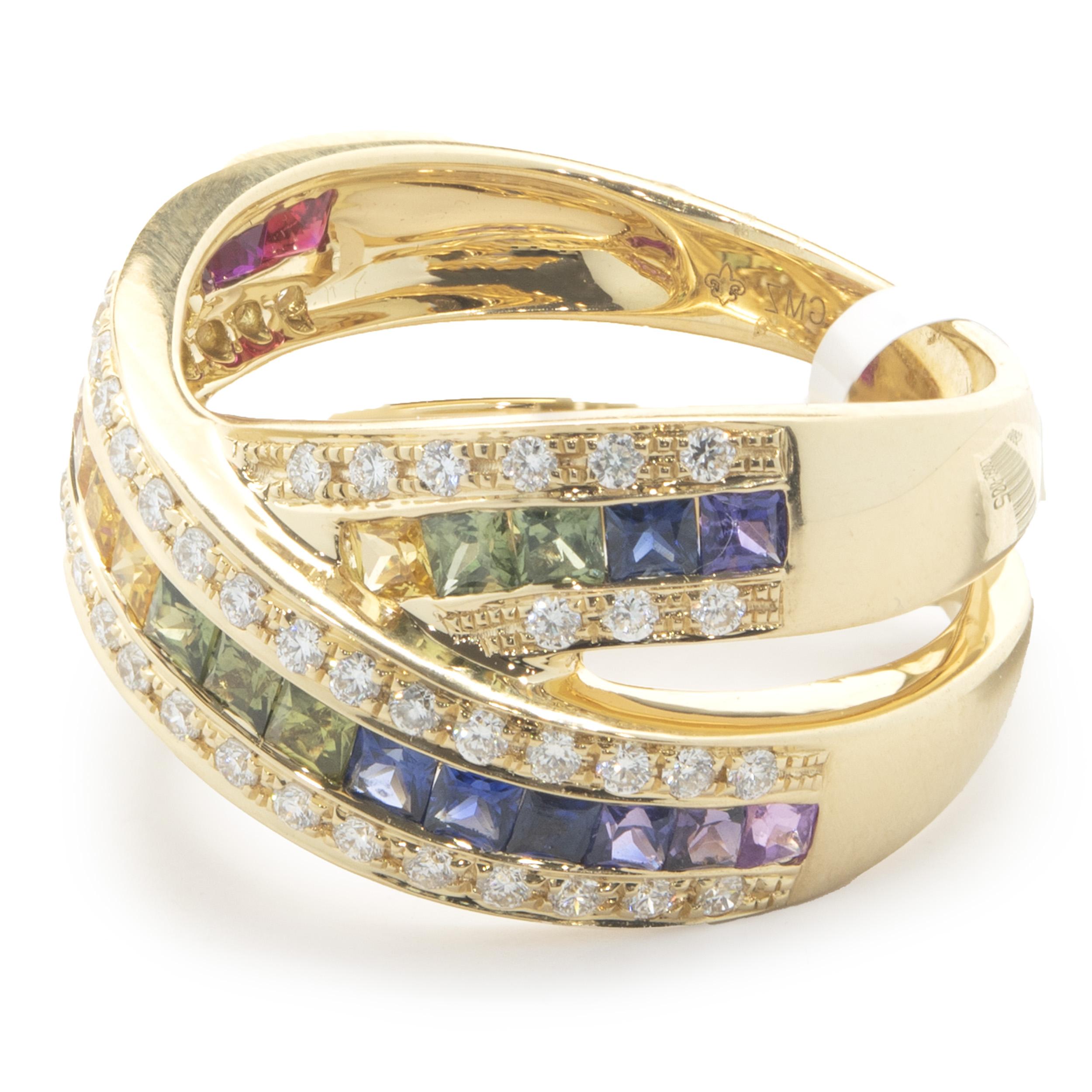 18 Karat Yellow Gold Rainbow Sapphire and Diamond x Ring In Excellent Condition For Sale In Scottsdale, AZ