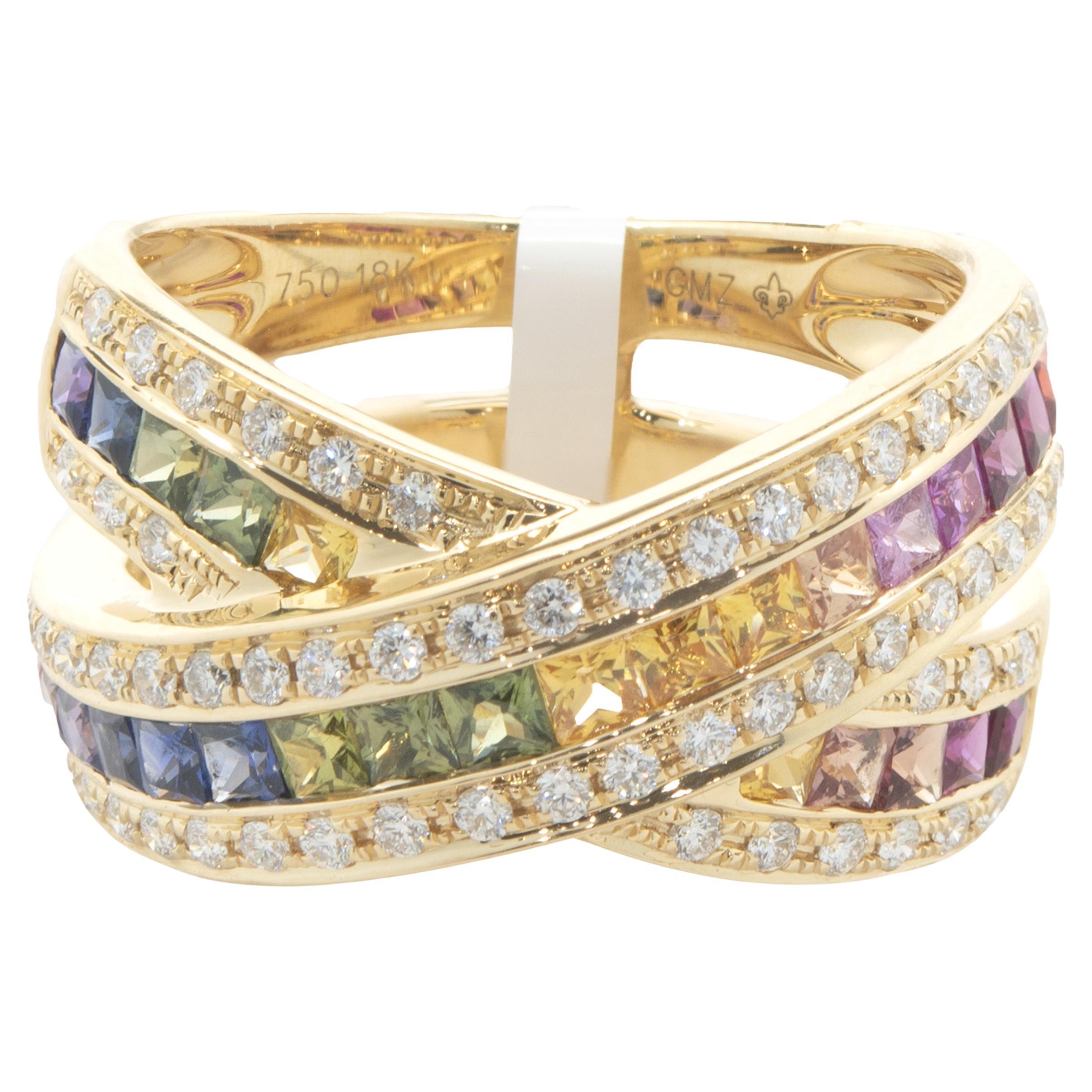 18 Karat Yellow Gold Rainbow Sapphire and Diamond x Ring For Sale