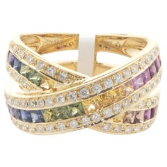 18 Karat Yellow Gold Rainbow Sapphire and Diamond x Ring