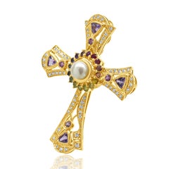 18 Karat Gelbgold Regenbogen-Saphir, Diamant und Perlen-Kreuz-Anhänger