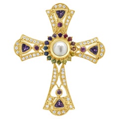 18 Karat Yellow Gold Rainbow Sapphire, Diamond, and Pearl Cross Pendant