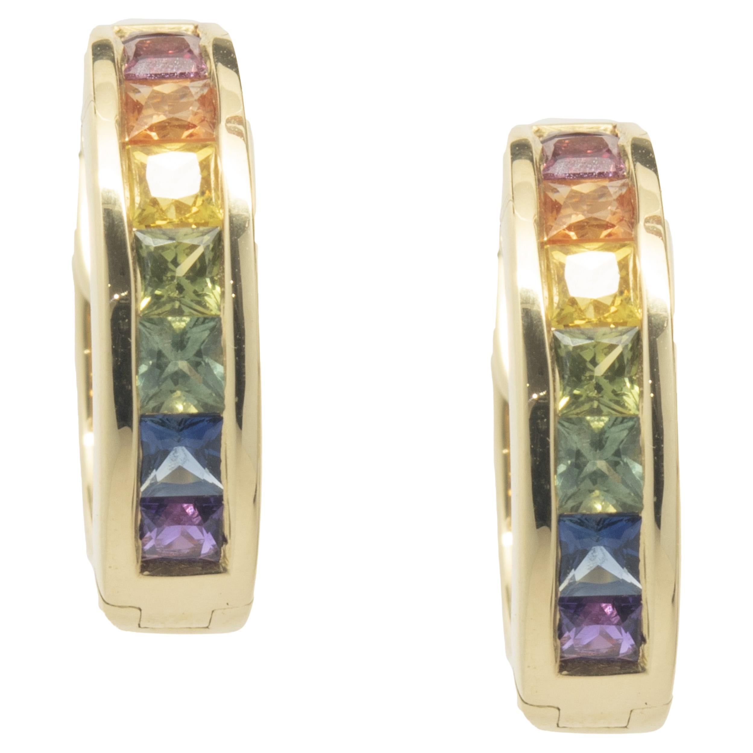 18 Karat Yellow Gold Rainbow Sapphire Huggie Hoop Earrings