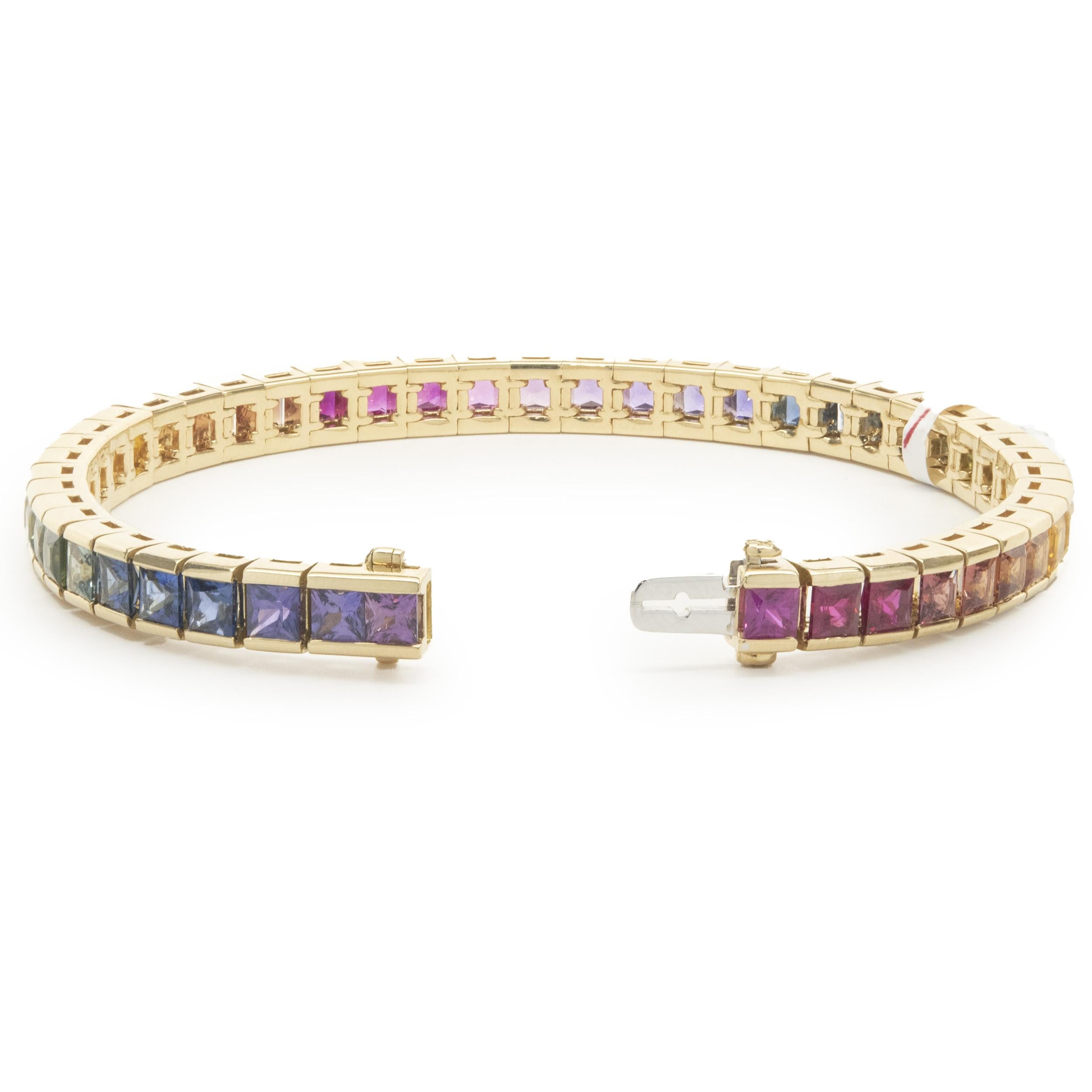 Princess Cut 18 Karat Yellow Gold Rainbow Sapphire Inline Bracelet For Sale