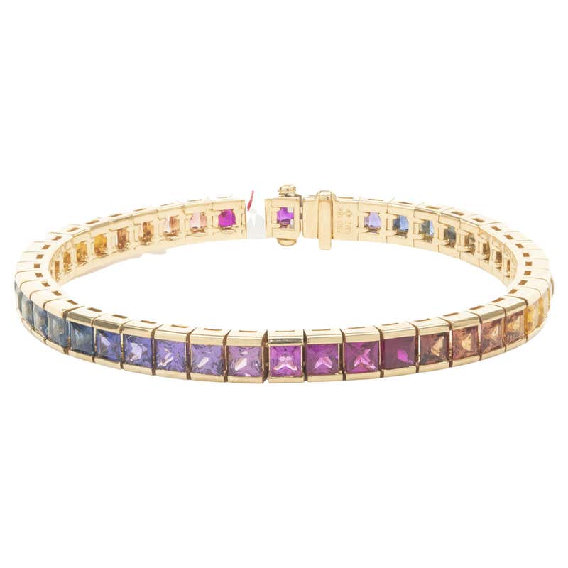 Rainbow Sapphire In-Line Tennis Bracelet 18k Yellow Gold For Sale at ...