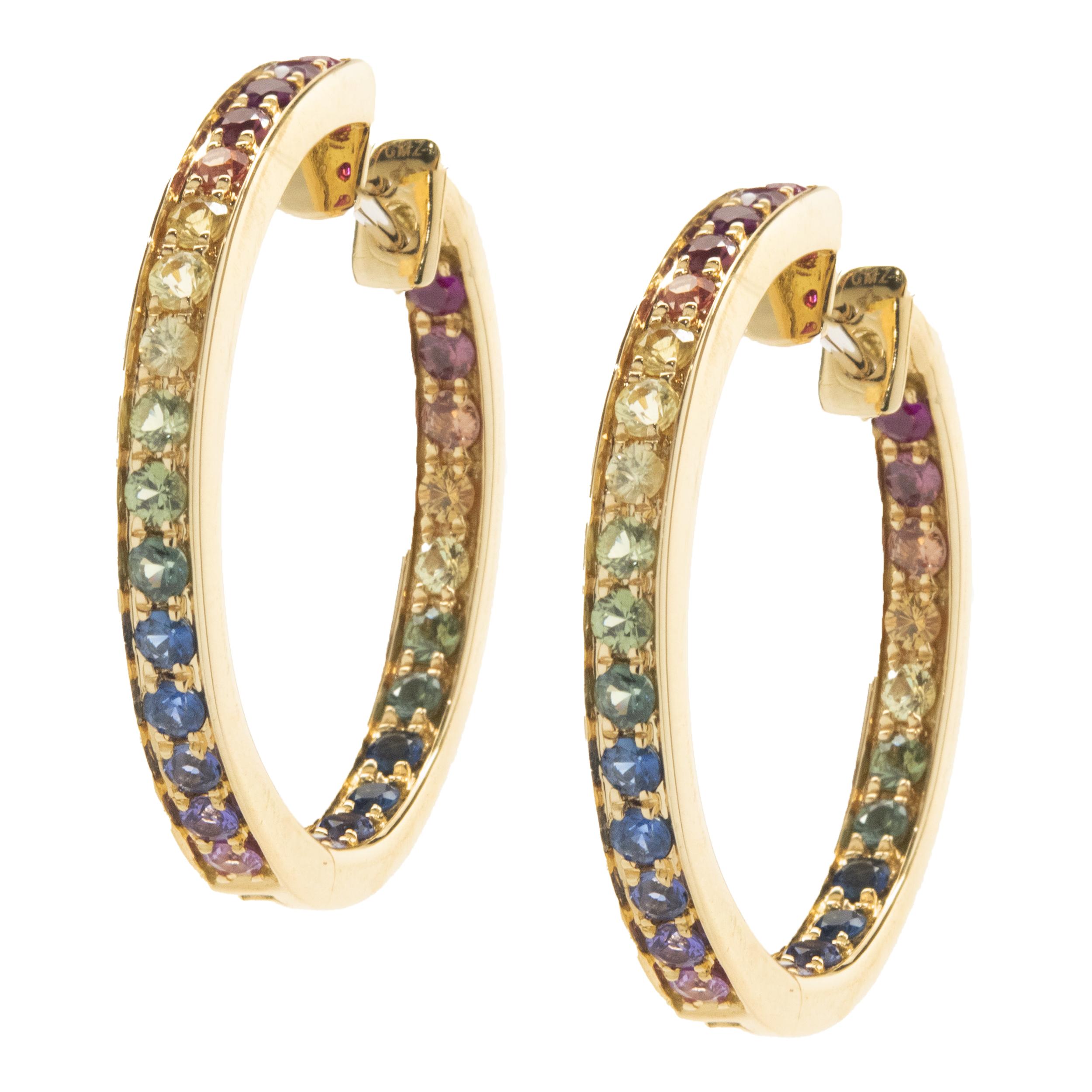 18 Karat Gold Rainbow Sapphire Diamond Hoop Earrings For Sale at 1stDibs