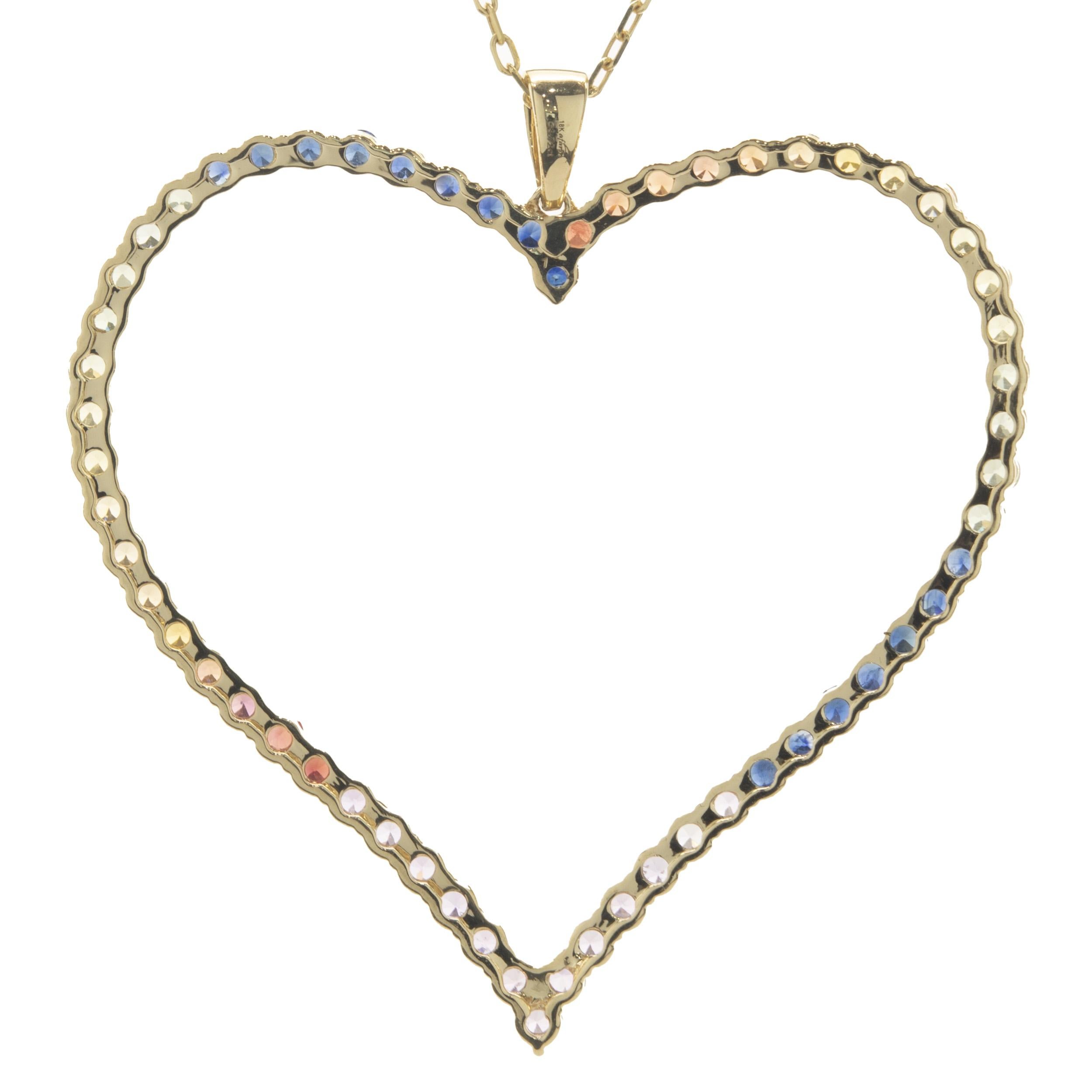 Round Cut 18 Karat Yellow Gold Rainbow Sapphire Open Heart Necklace