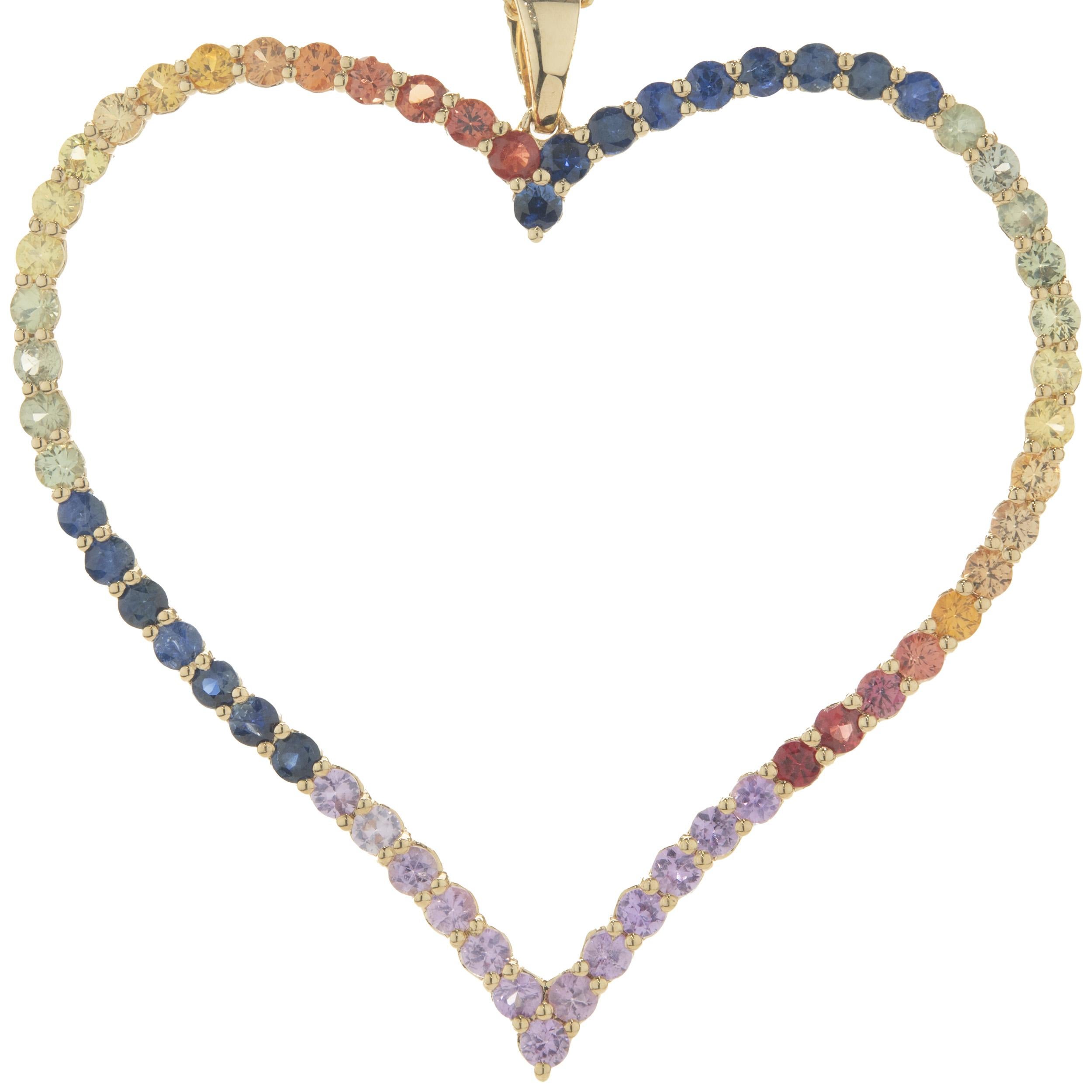 18 Karat Yellow Gold Rainbow Sapphire Open Heart Necklace In Excellent Condition In Scottsdale, AZ