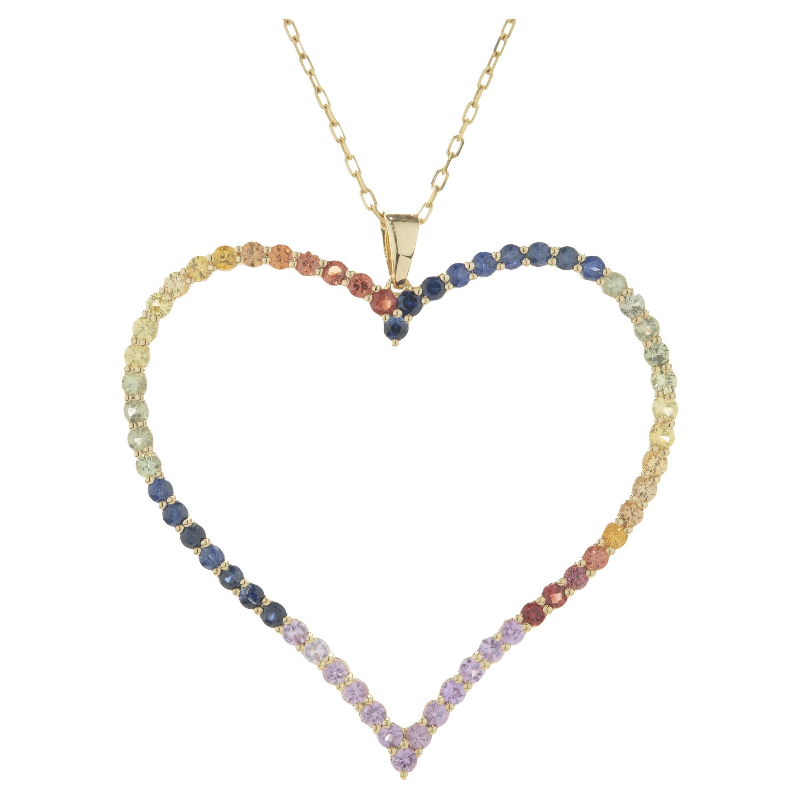 18 Karat Yellow Gold Rainbow Sapphire Open Heart Necklace