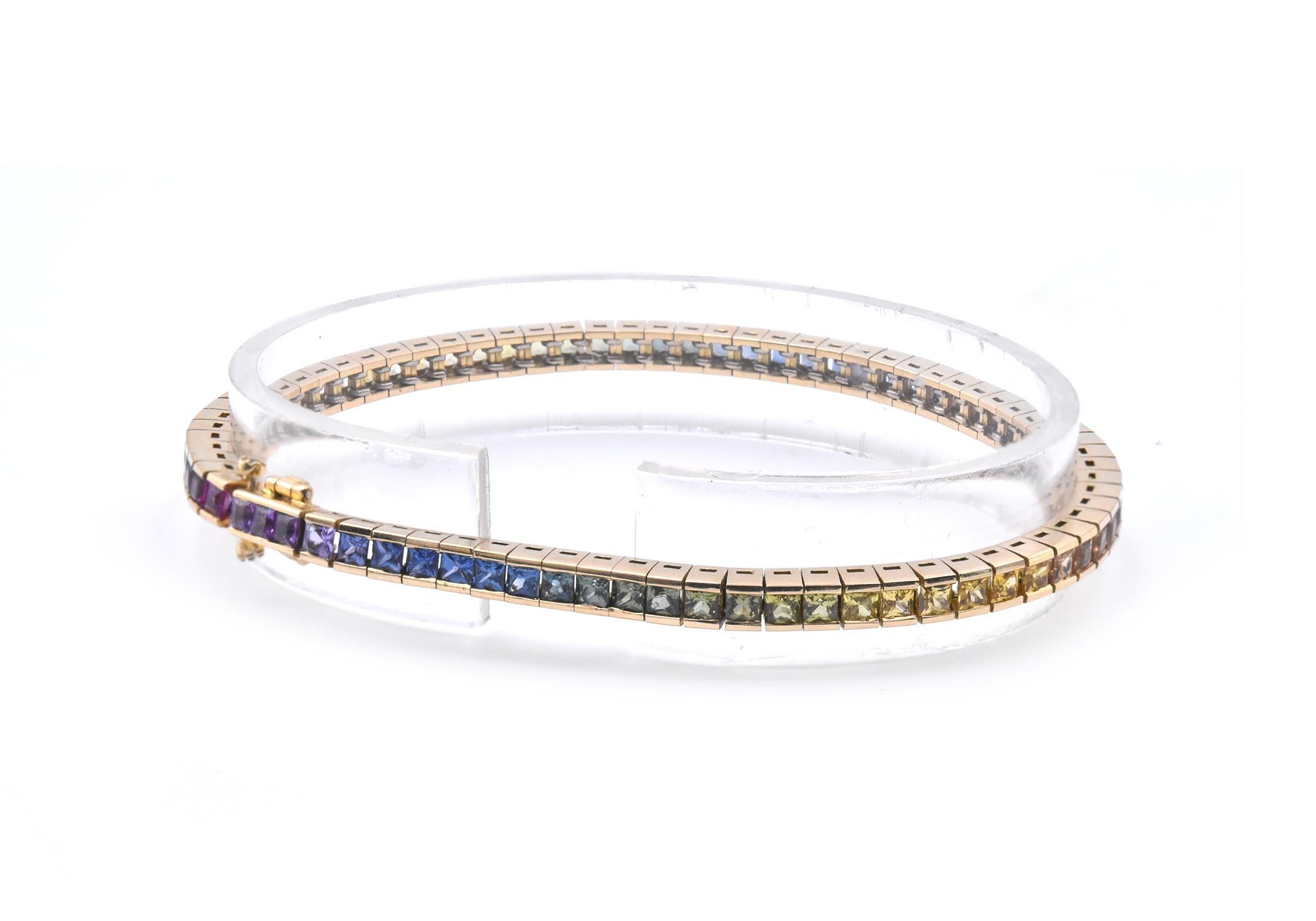 Women's or Men's 18 Karat Yellow Gold Rainbow Sapphire Tennis Bracelet