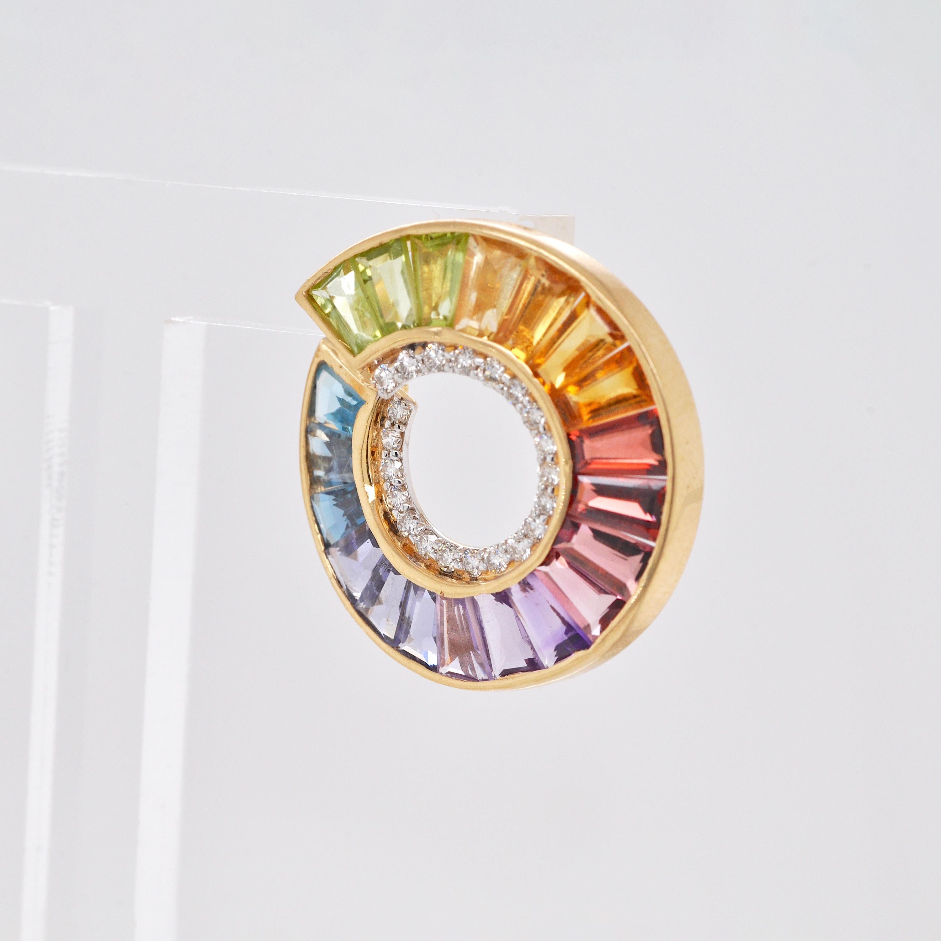 14 Karat Yellow Gold Rainbow Tapered Baguette Gemstones Diamond Stud Earrings For Sale 4