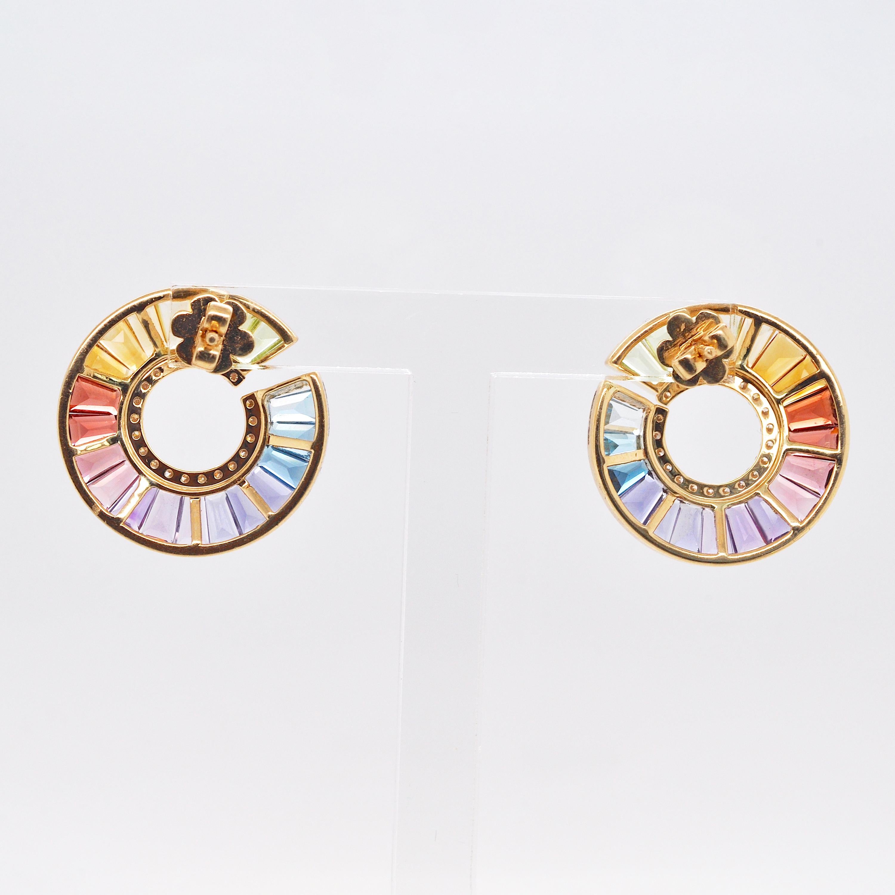 14 Karat Yellow Gold Rainbow Tapered Baguette Gemstones Diamond Stud Earrings For Sale 5