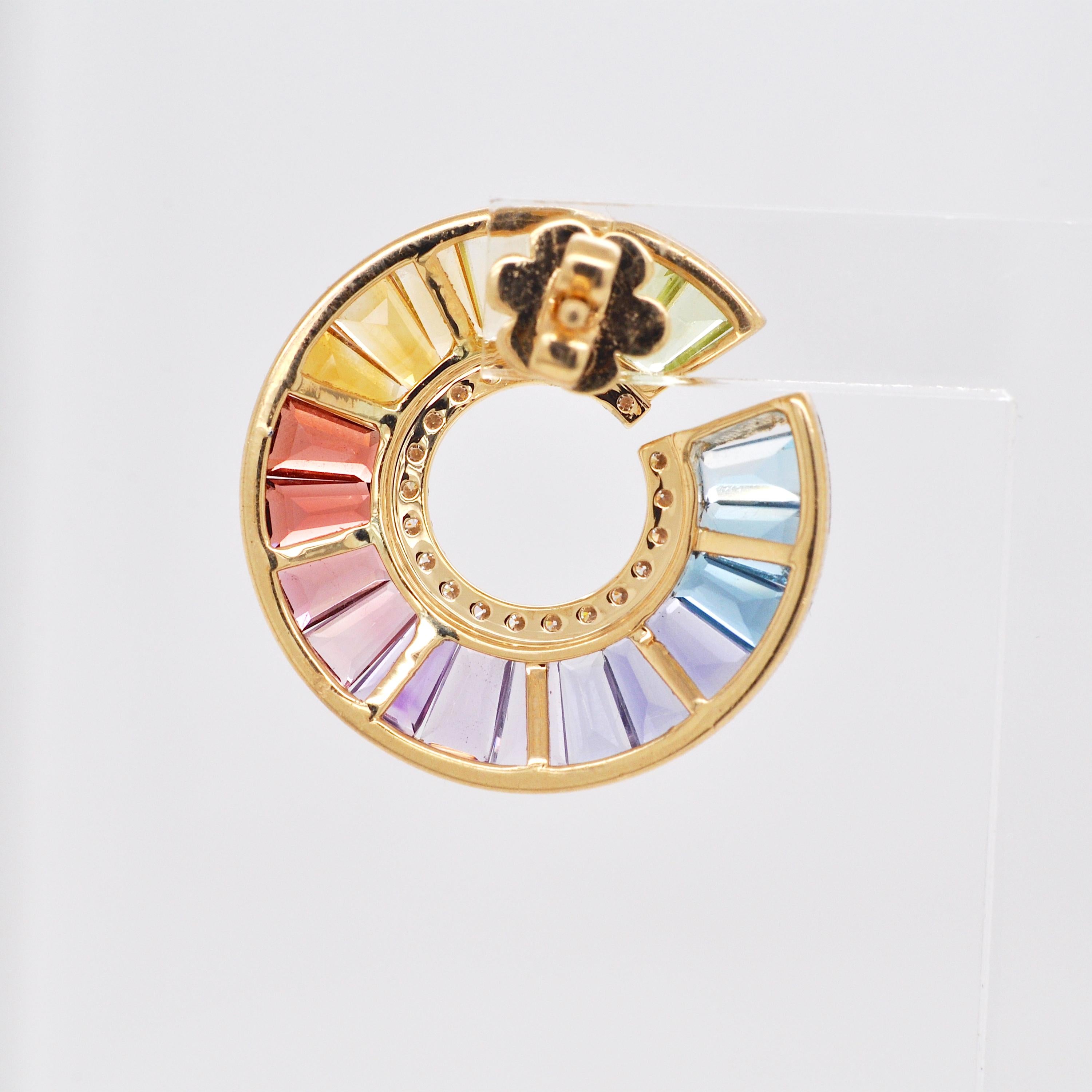 14 Karat Yellow Gold Rainbow Tapered Baguette Gemstones Diamond Stud Earrings For Sale 6