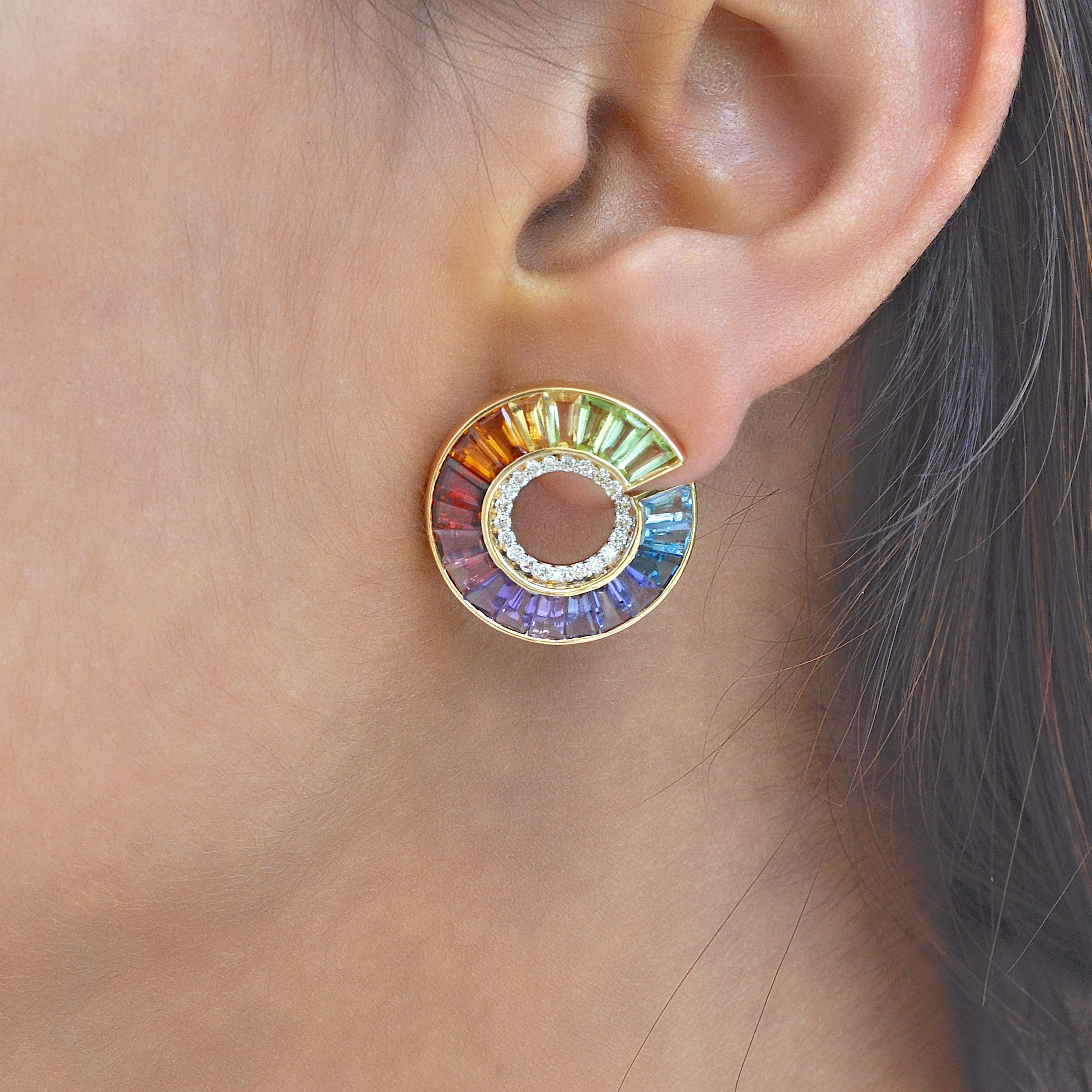 Contemporary 14 Karat Yellow Gold Rainbow Tapered Baguette Gemstones Diamond Stud Earrings For Sale