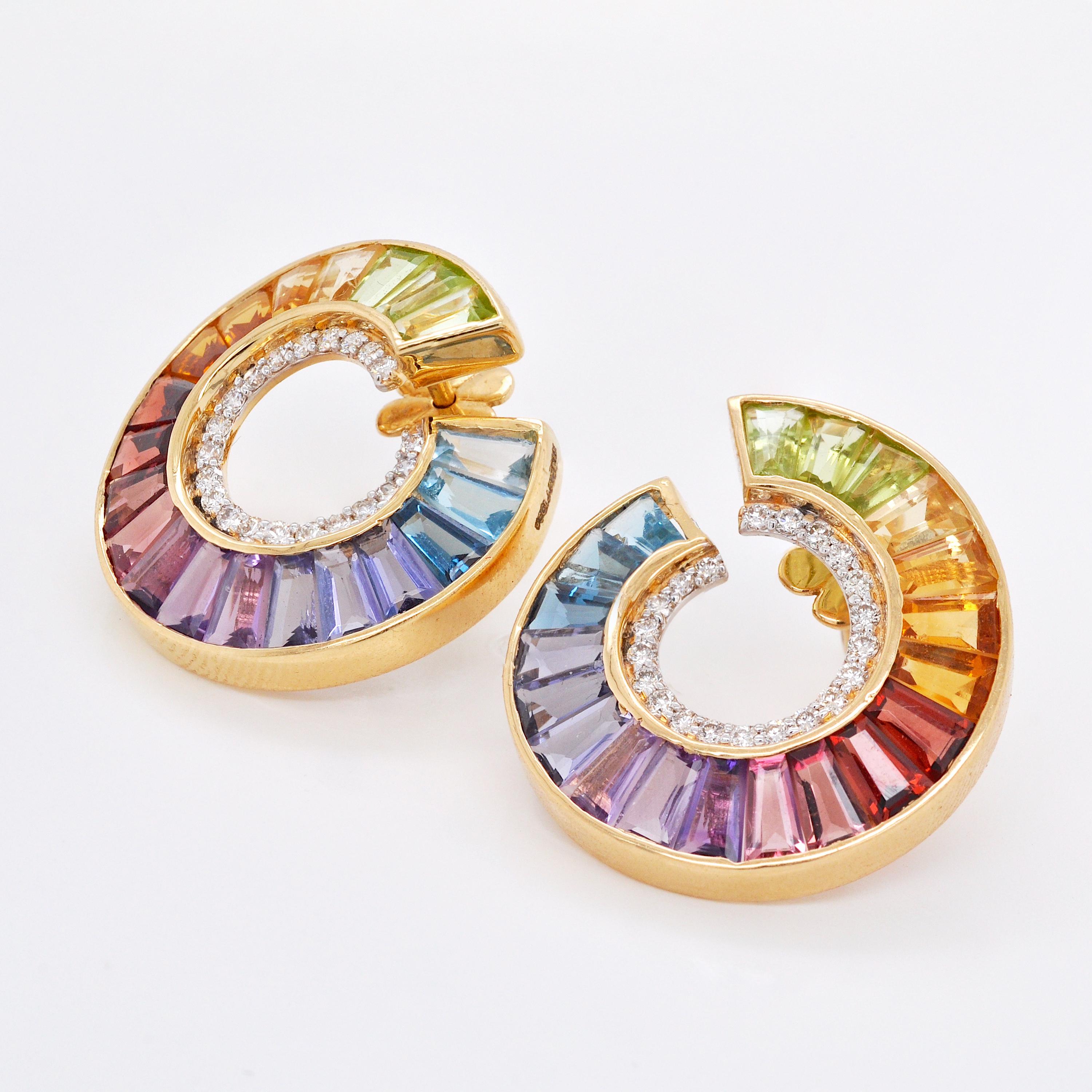 Women's 14 Karat Yellow Gold Rainbow Tapered Baguette Gemstones Diamond Stud Earrings For Sale