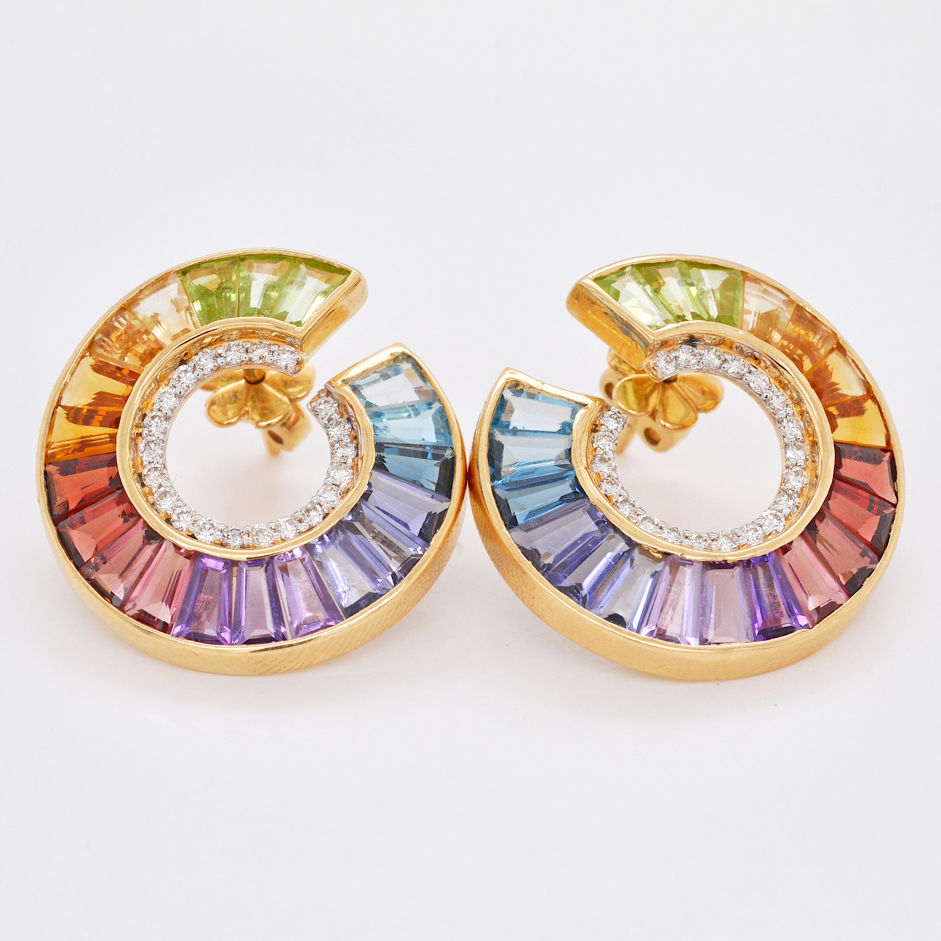 14 Karat Yellow Gold Rainbow Tapered Baguette Gemstones Diamond Stud Earrings For Sale 1