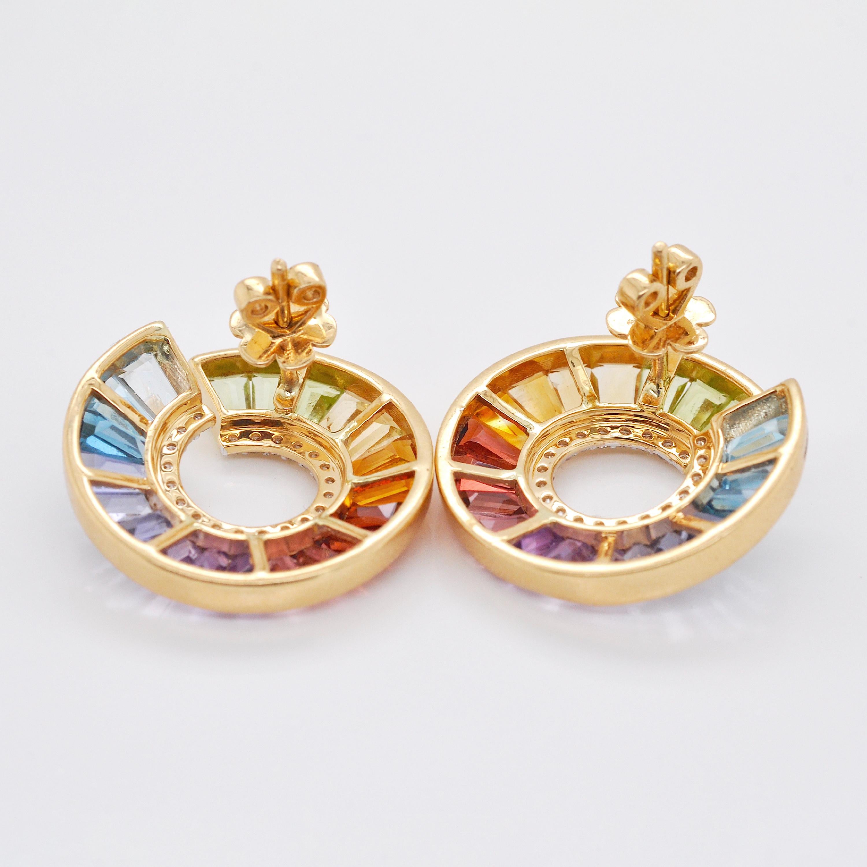 14 Karat Yellow Gold Rainbow Tapered Baguette Gemstones Diamond Stud Earrings For Sale 2