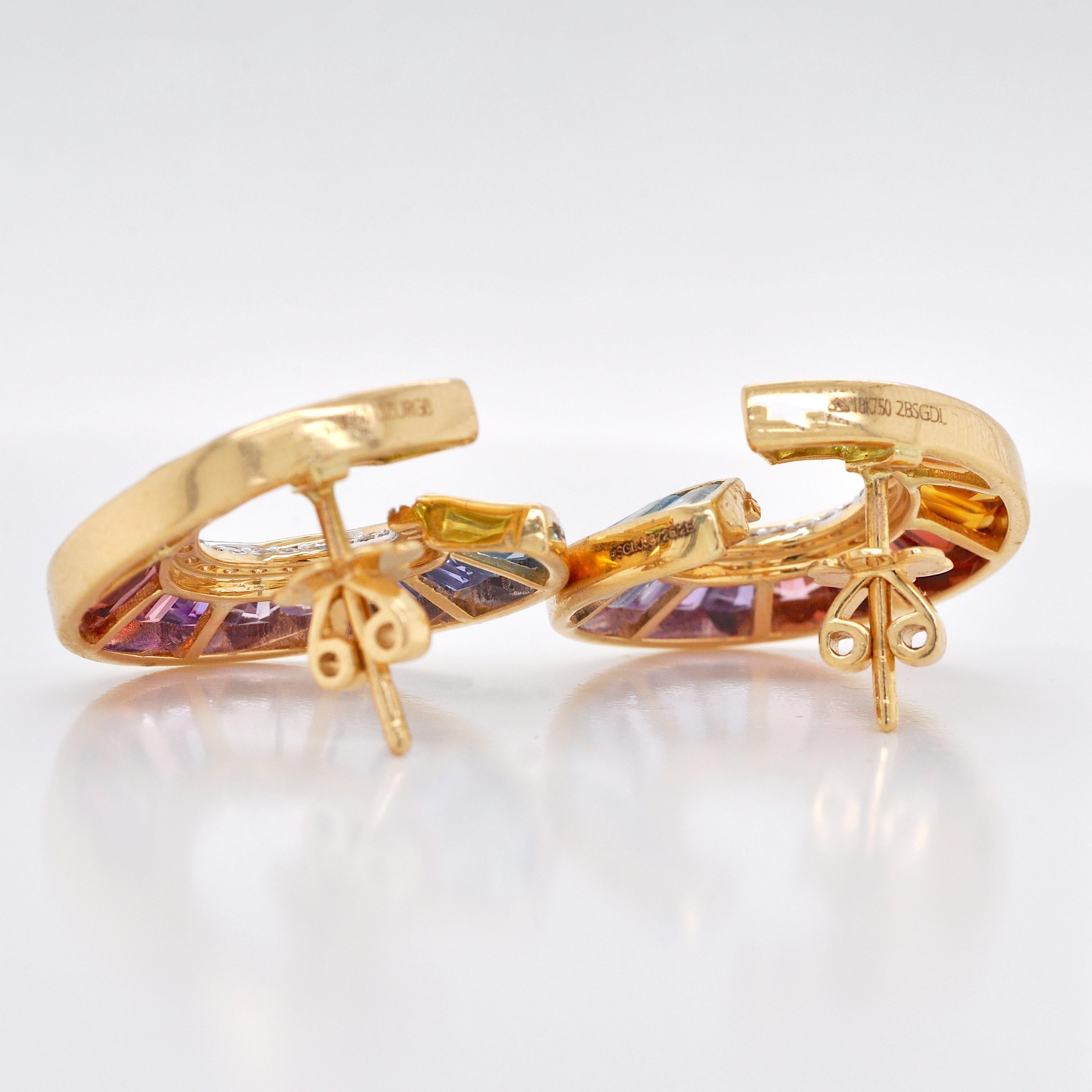 14 Karat Yellow Gold Rainbow Tapered Baguette Gemstones Diamond Stud Earrings For Sale 3