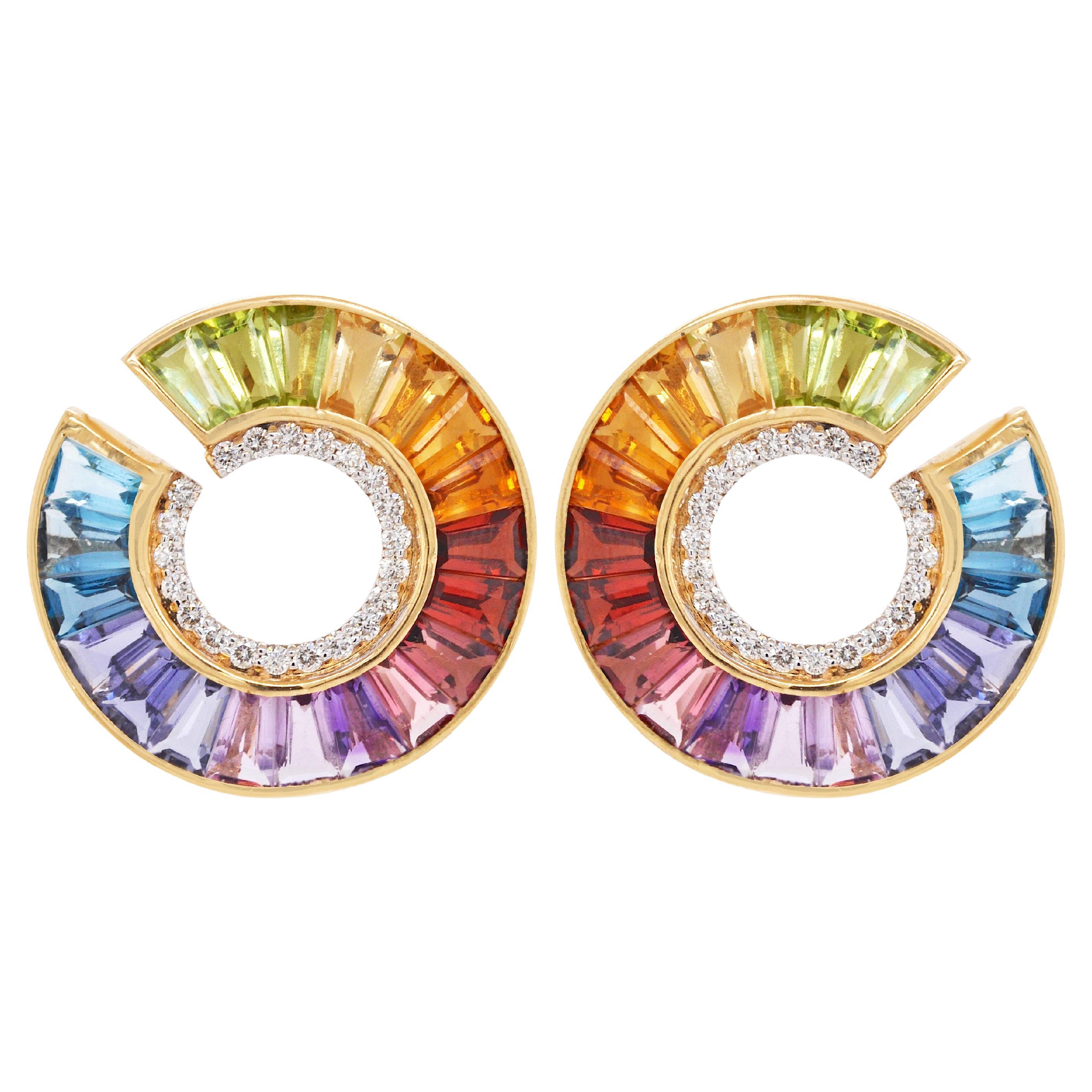 14 Karat Yellow Gold Rainbow Tapered Baguette Gemstones Diamond Stud Earrings