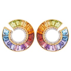 Clous d'oreilles arc-en-ciel en or jaune 14 carats avec pierres baguettes effilées et diamants