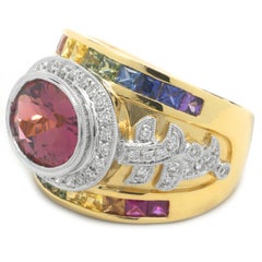 18 Karat Yellow Gold Rare Salmon Tourmaline, Rainbow Sapphire, and Diamond Cigar