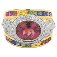 18 Karat Yellow Gold Rare Salmon Tourmaline, Rainbow Sapphire, and Diamond Cigar