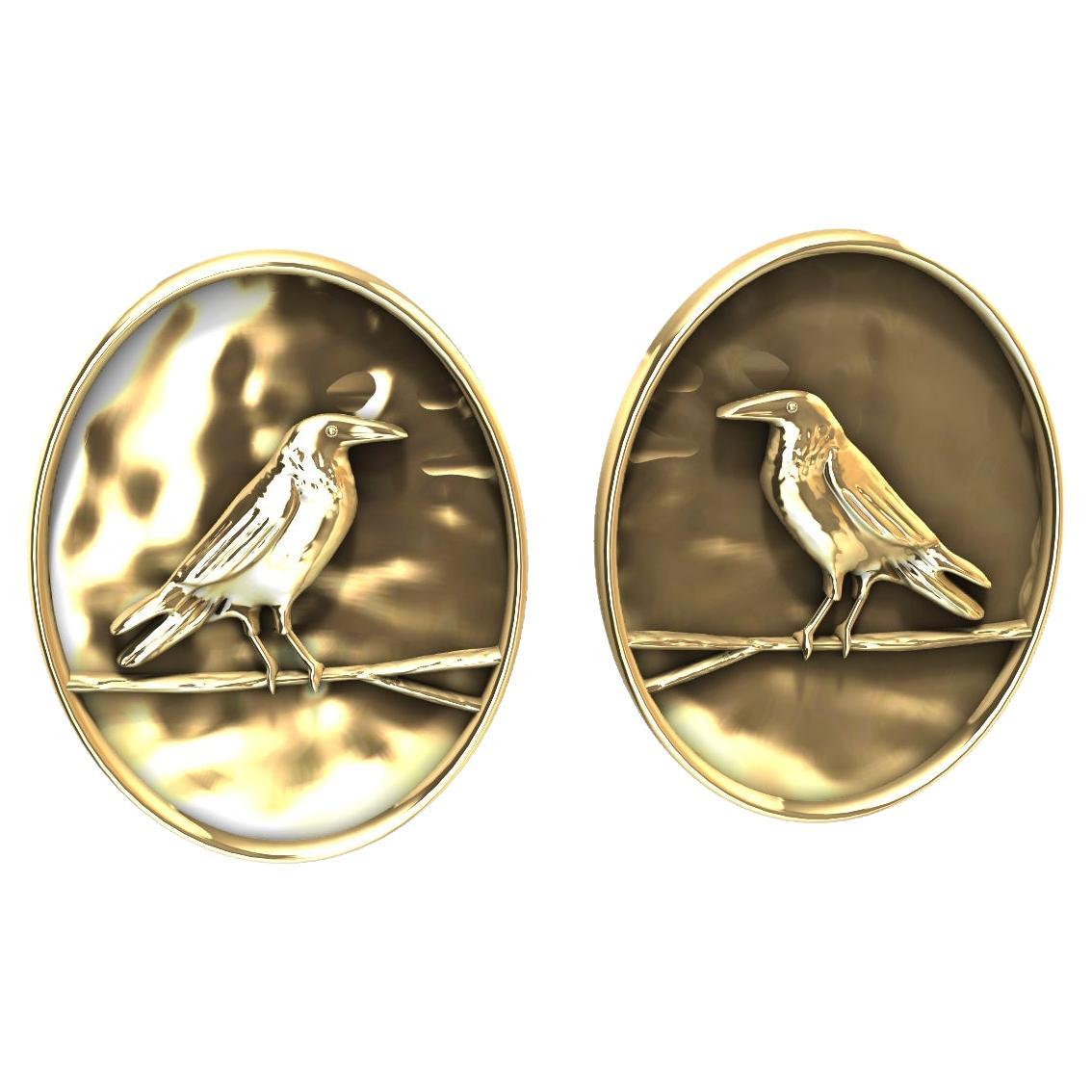 18 Karat Yellow Gold Raven Stud Earrings For Sale