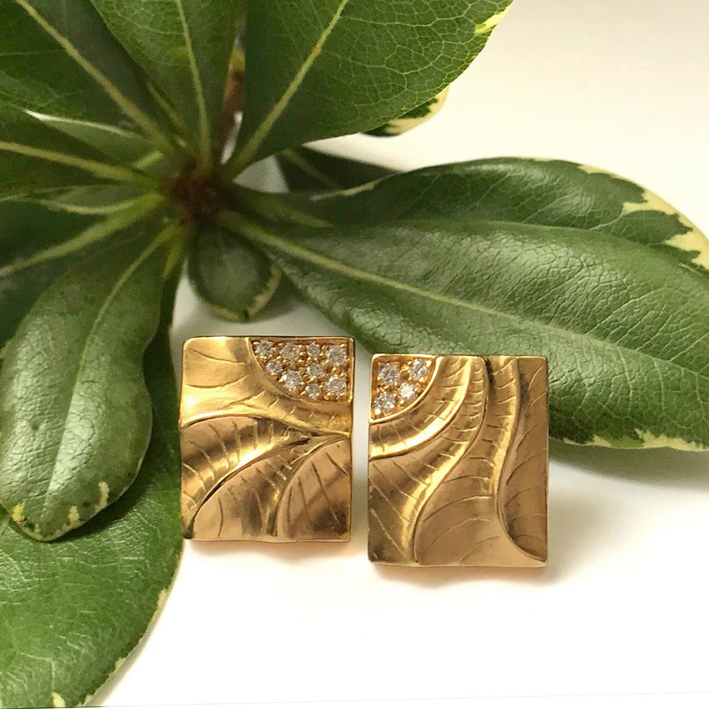 K.Mita's Rectangular Puzzle Earrings from her Sand Dune Collection are handmade by the artist from 18 Karat Yellow Gold and 0.18 Carats Diamonds (total weight). The pattern on the earrings, which are 14 mm x 12 mm, continues from left to right