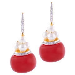 18 Karat Yellow Gold Red Carnelian Pearl and Diamond Earrings