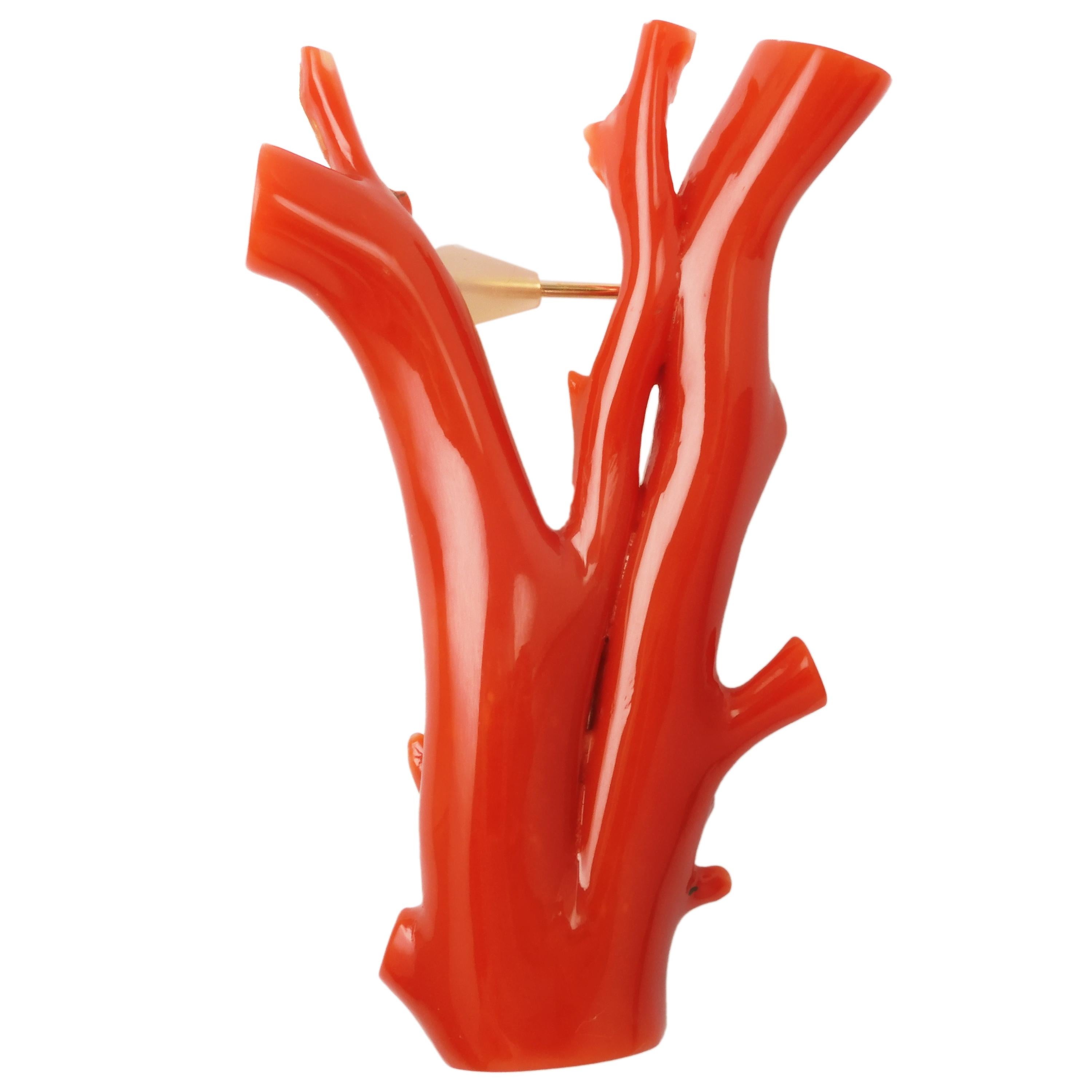 Very delicate and fine red coral branch with an 18 karat yellow gold pin to make a stylish brooch for use on special occasions. This brooch has been made by cutting well-shaped branches from red coral logs and carefully polished. The 18 karat gold