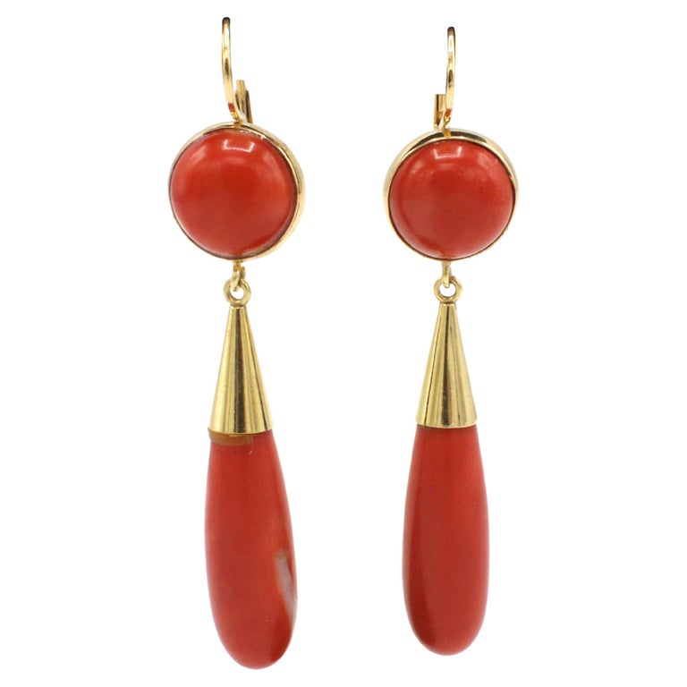 18 Karat Yellow Gold Red Coral Dangle Drop Earrings For Sale at 1stDibs