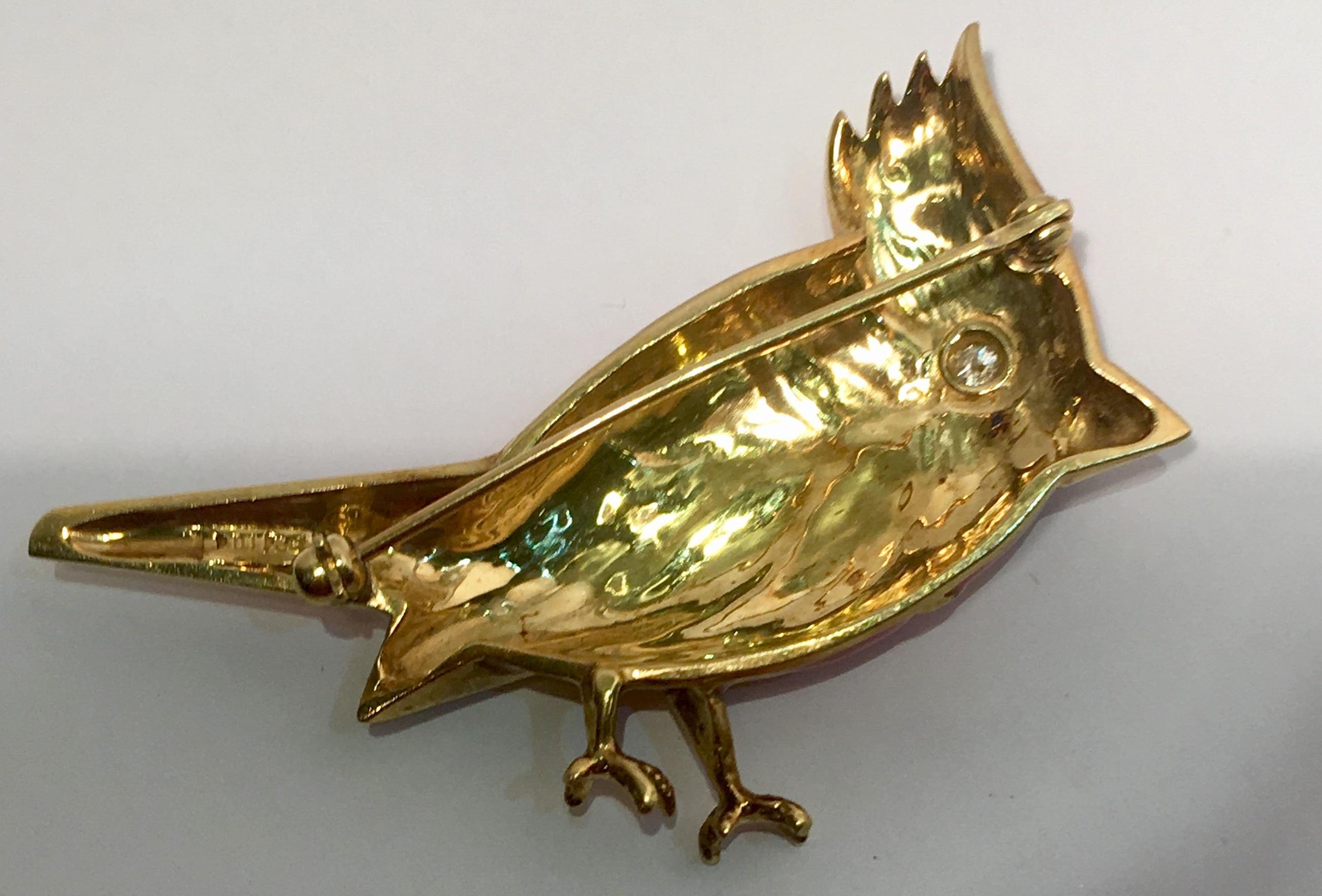 Contemporary 18 Karat Yellow Gold Red Enamel Diamond Cardinal Bird Brooch