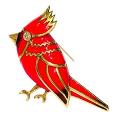18 Karat Yellow Gold Red Enamel Diamond Cardinal Bird Brooch