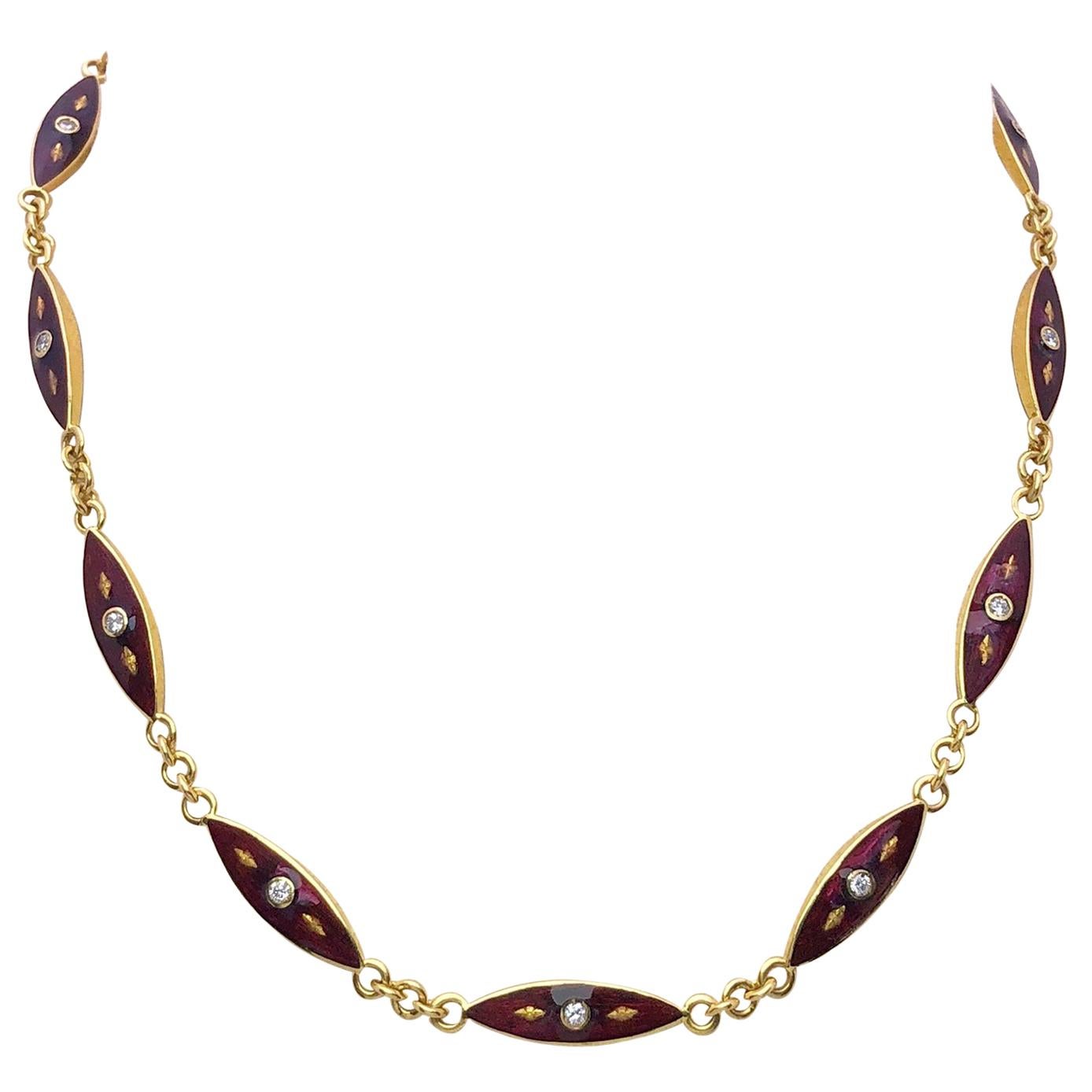 18 Karat Yellow Gold, Red Enamel with .80 Carat of Diamonds Vintage Necklace For Sale