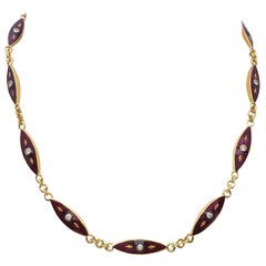 18 Karat Yellow Gold, Red Enamel with .80 Carat of Diamonds Retro Necklace