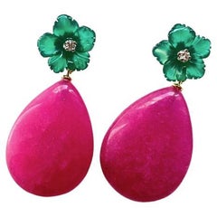 18 Karat Yellow Gold Red Jade Green Agate Diamonds Flower Dangle Earrings