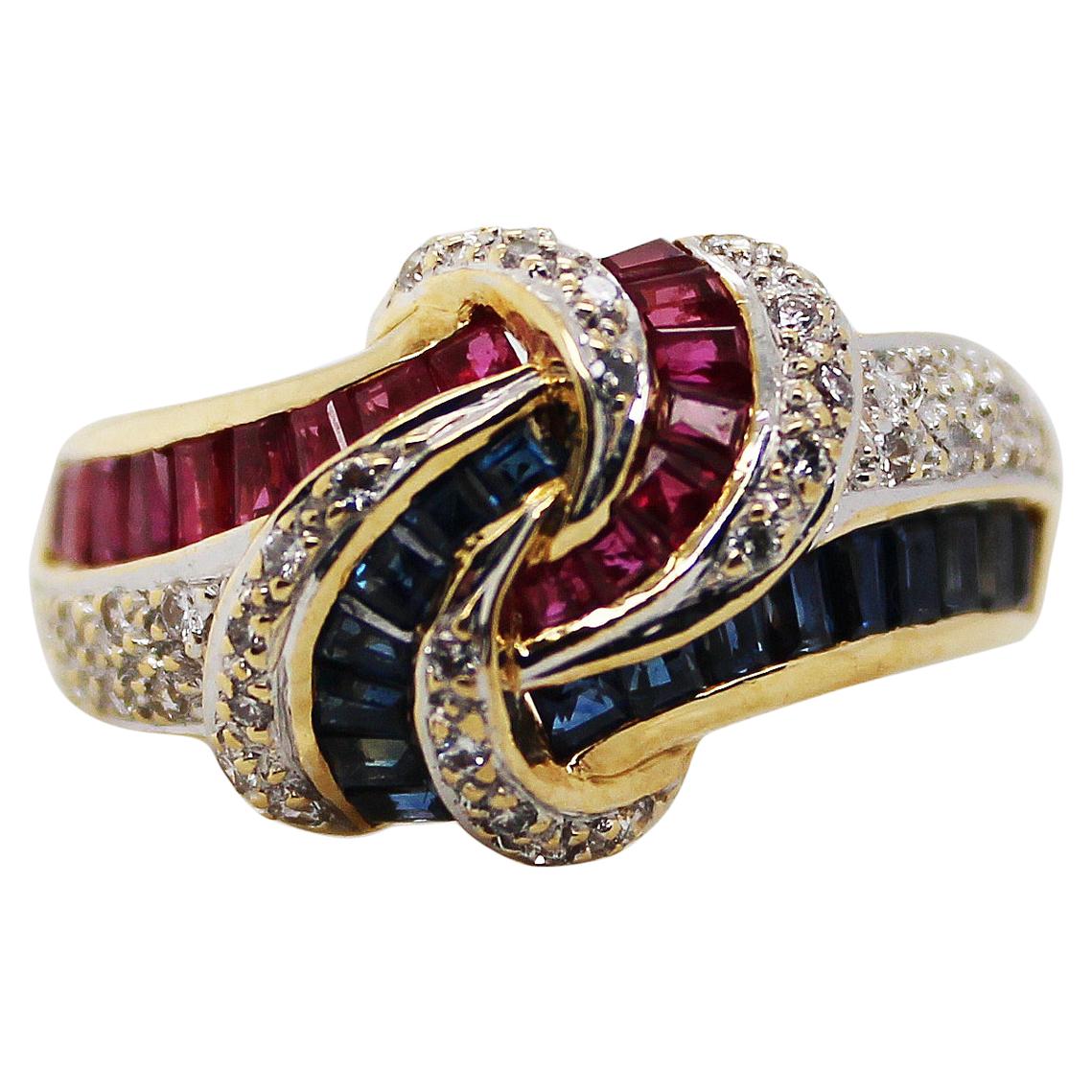 18 Karat Yellow Gold Red Ruby Blue Sapphire Diamond Knot Statement Ring