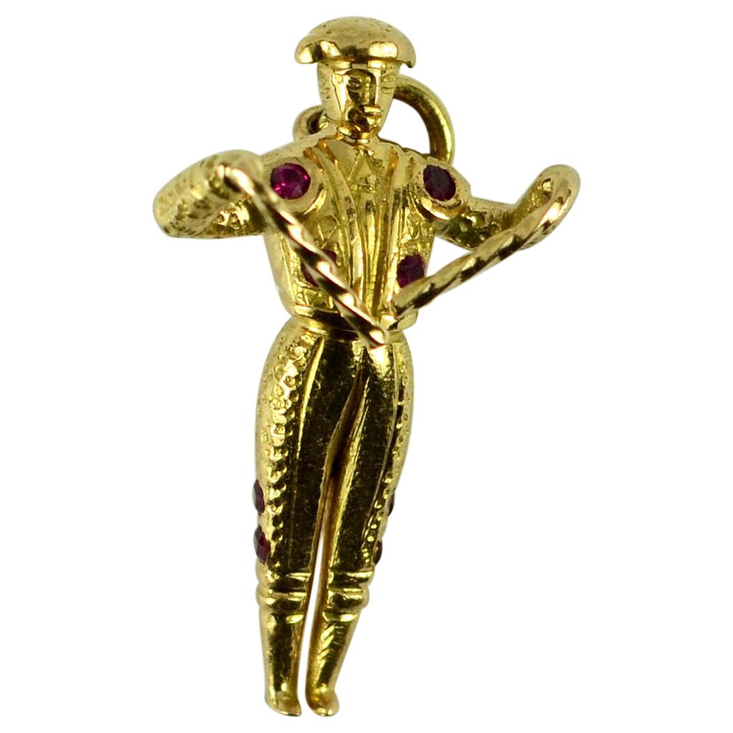 18 Karat Yellow Gold Red Ruby Spanish Matador Charm Pendant For Sale