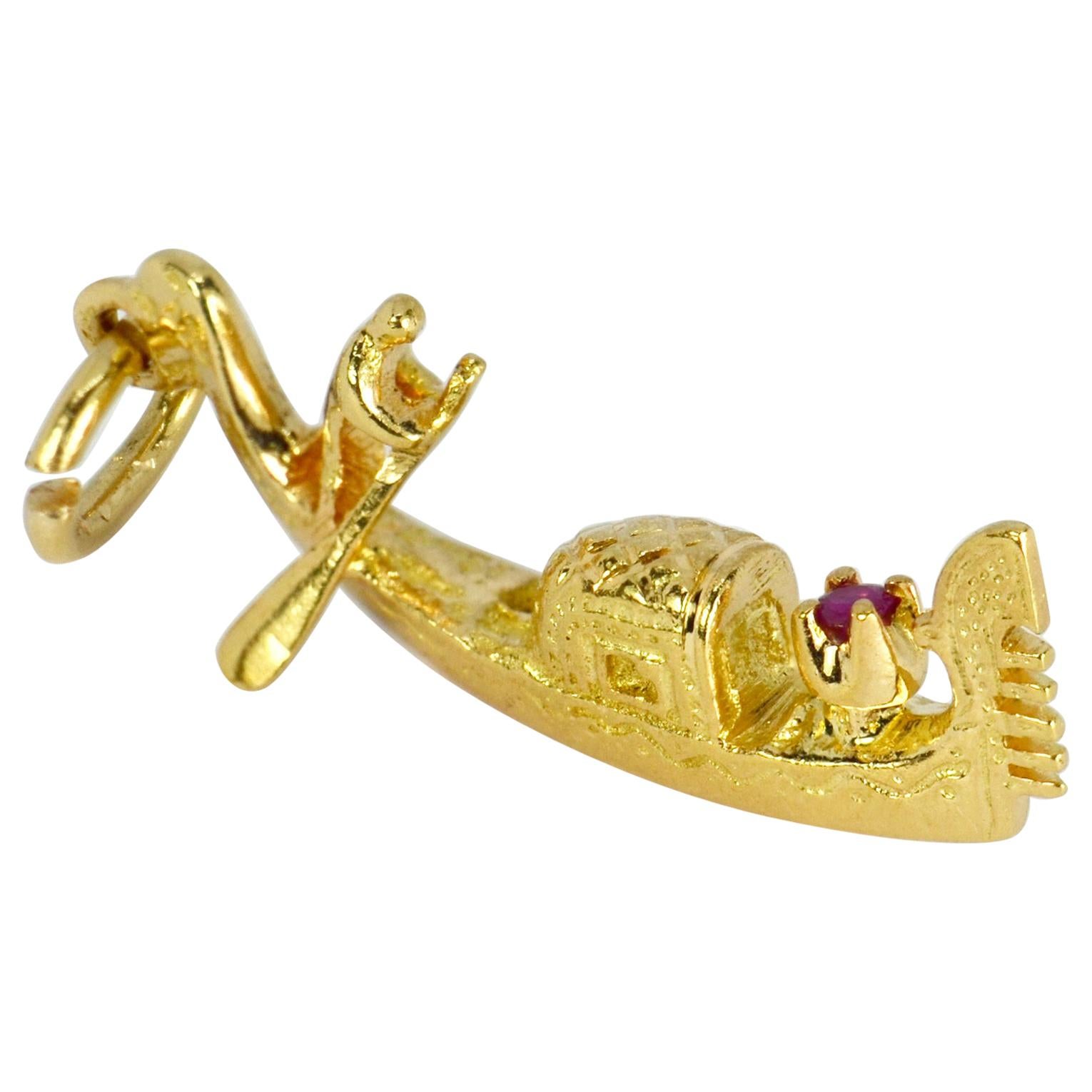 18 Karat Yellow Gold Red Ruby Venice Gondola Charm Pendant