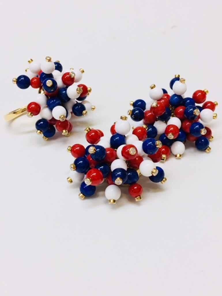 18 karat yellow gold ring, earrings and bracelet suite featuring approximately 4.88 total carats of diamonds, beaded lapis and agate, in colors of red, white and blue. Suite by Aletto Bros. 