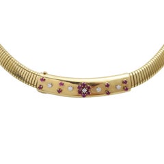 18 Karat Yellow Gold Retro 1940's Gaspipe Ruby & Diamond Necklace Choker