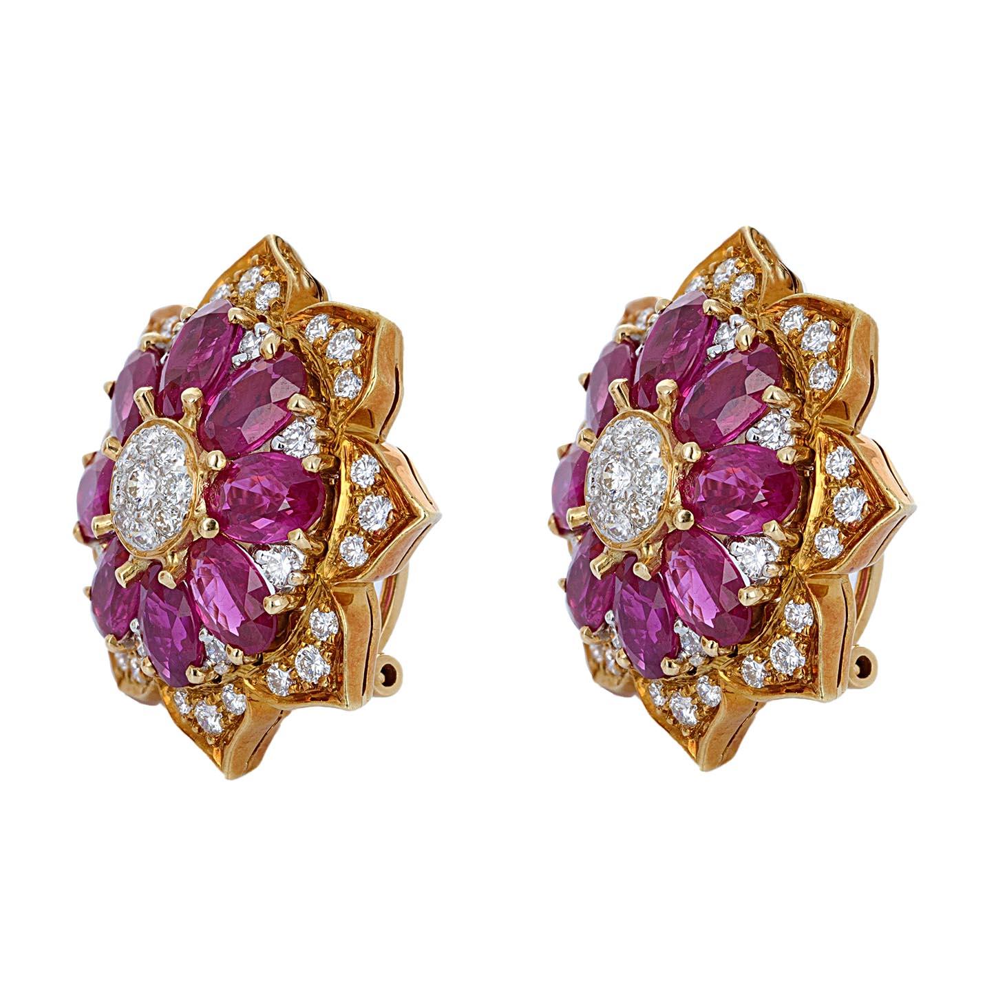 18 karat yellow gold diamond and ruby french back earrings. The earrings are made for pierced and not pierced ears. The post on the back moves up (for pierced) or down (for clip-on).

There are 16 oval shape rubies estimated at 7 carats total weight.