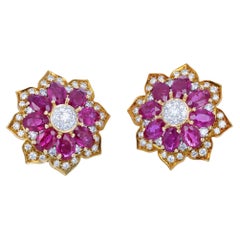 18 Karat Yellow Gold, Retro Diamond and Ruby French Back Earrings