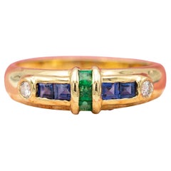 Anello retrò in oro giallo 18 carati - Smeraldo, zaffiro e diamante - fascia patinata