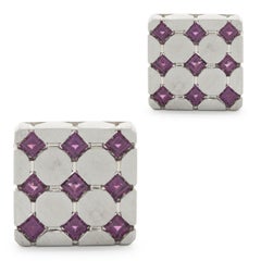 18 Karat Yellow Gold Rhodium Coated Pink Topaz Square Earrings