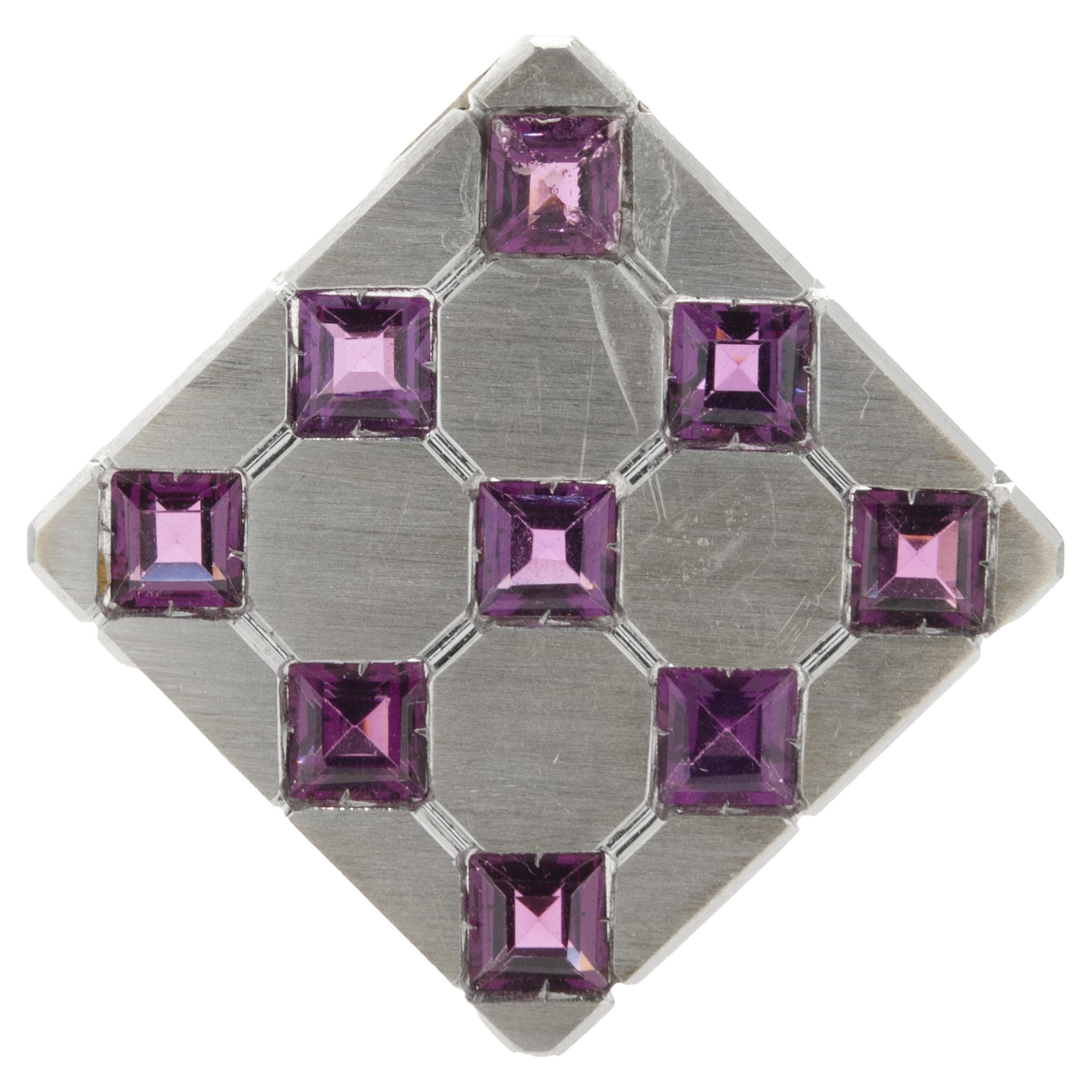 18 Karat Yellow Gold Rhodium Coated Purple Zircon Square Pendant For Sale