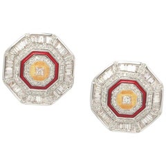 18 Karat Yellow Gold Rhodium-Plated, Brilliant Cut Diamonds and Enamel Ear Studs